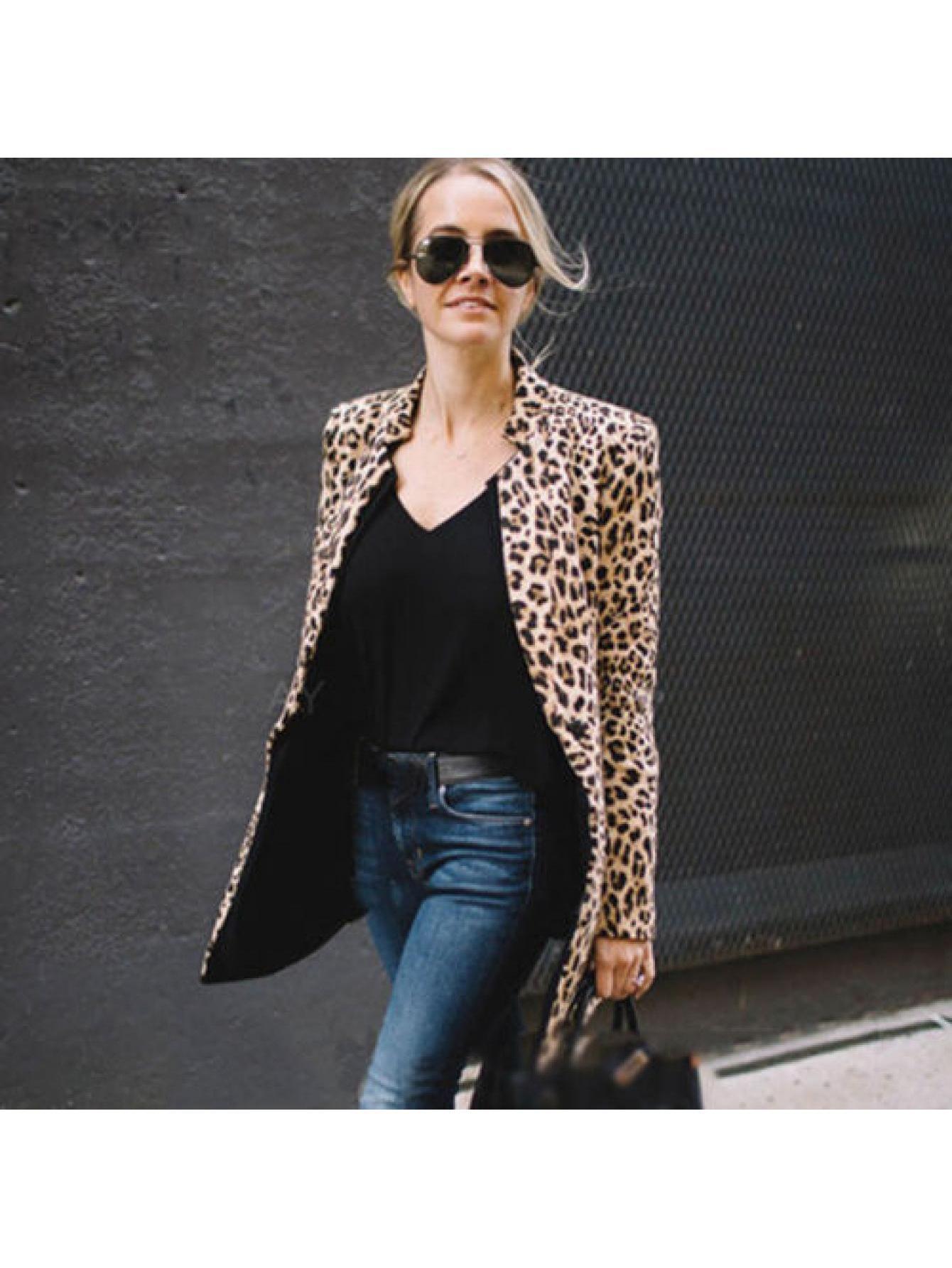 Women' S Leopard Print Bussiness Coat Sexy Winter Warm Wind Coat Cardigan Long Coat Clubwear