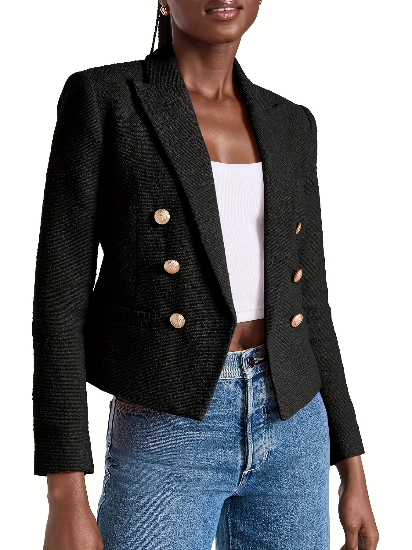 Double-Breasted Open Front Blazer, Elegant Lapel Neck Long Sleeve Cropped Blazer, Women's Clothing
