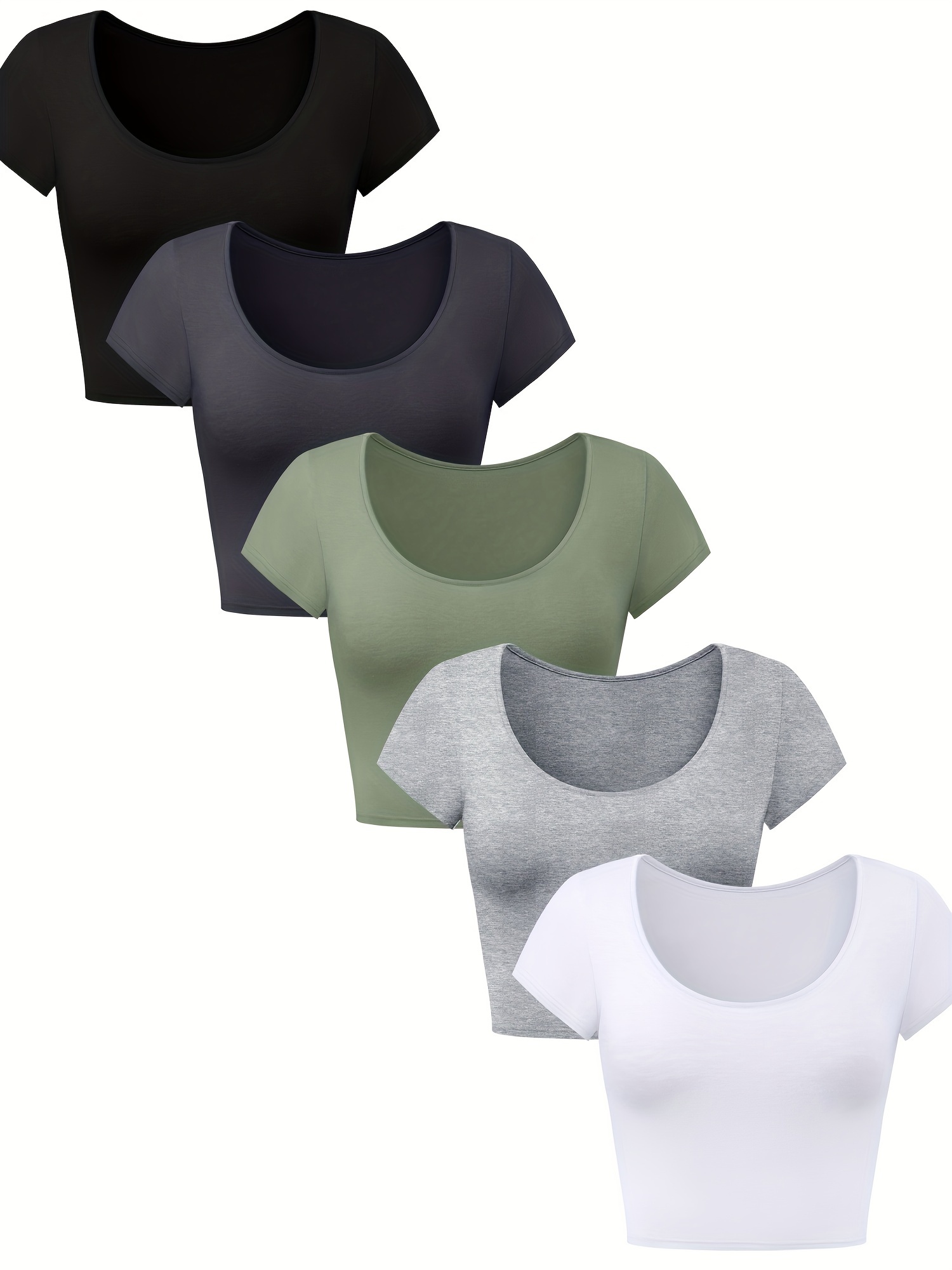 5 Pcs Women's Basic Crop Tops Scoop U Neck Short Sleeve Stretchy Casual Tight Shirt 2024 Trendy For Women Teen Girl (Black, Dark Grey, Olive, Light Grey, White, M)