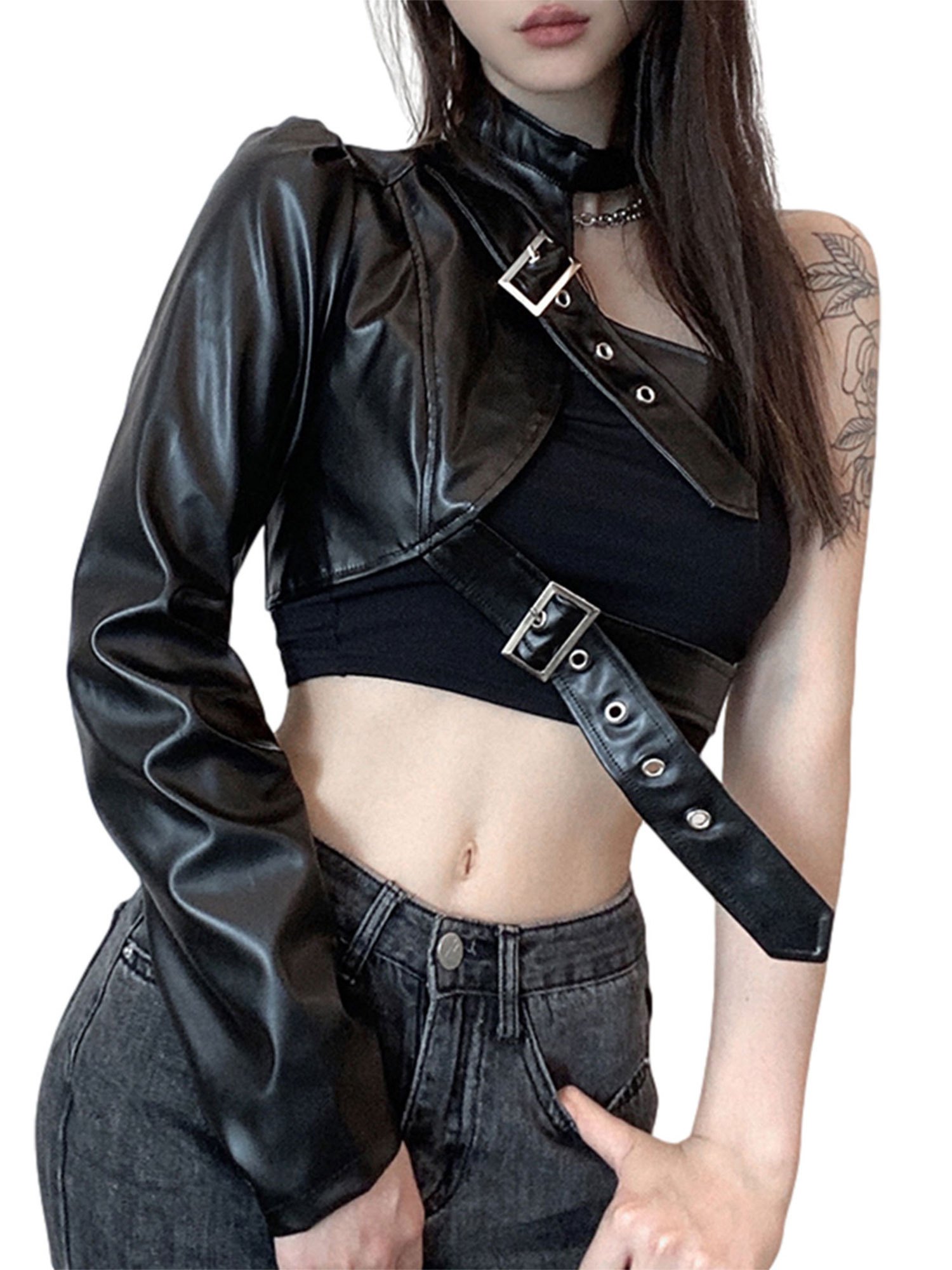 Women Punk Style Crop Tops, Cool Single Long Sleeve Neck Hanger Leather Belt Connected Tops, Women Clothing