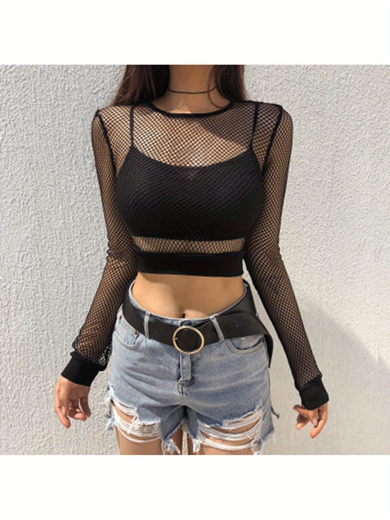 Women Crop Tops Fishnet Sheer Long Sleeve Crew Neck Solid Color Sexy Clubwear Clothing