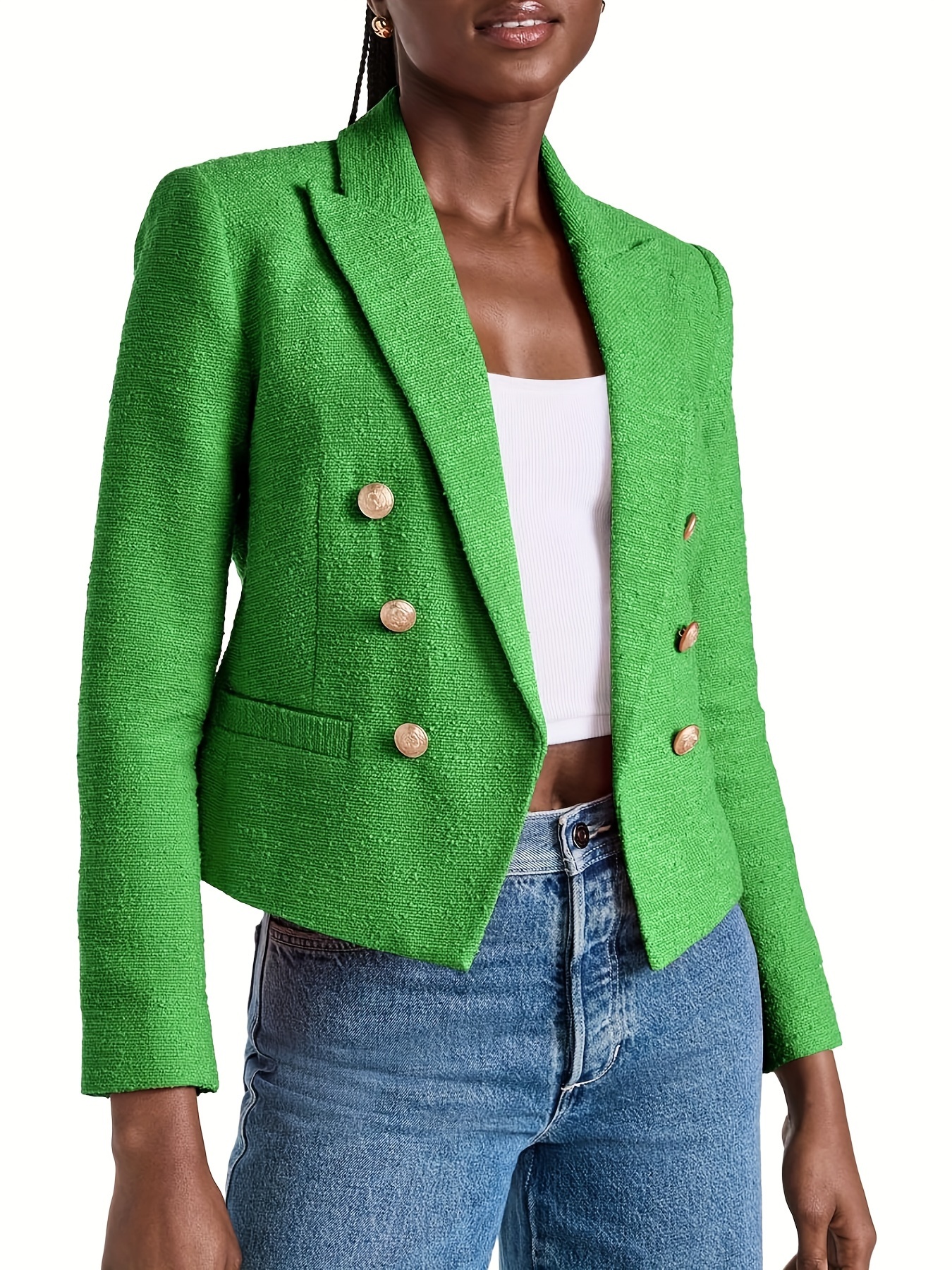 Double-Breasted Open Front Blazer, Elegant Lapel Neck Long Sleeve Cropped Blazer, Women's Clothing