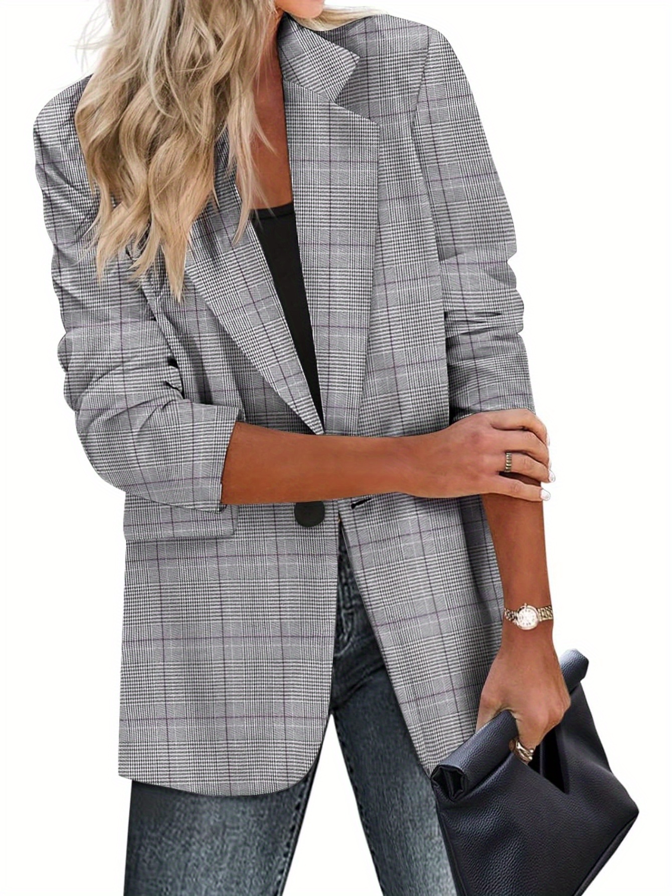 Stylish Houndstooth Blazer - Elegant Lapel, Long Sleeve, Single Button, Pockets, Work Office Wear - Women's Classic Clothing for Professional Occasions