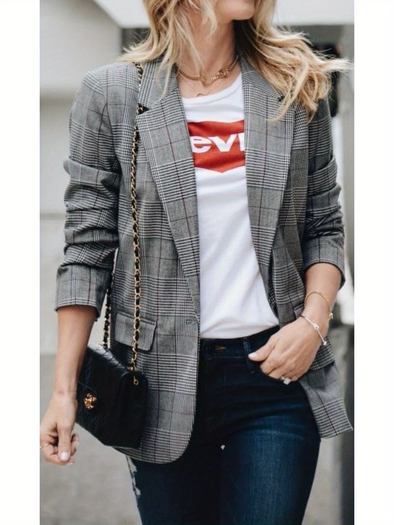 Stylish Houndstooth Blazer - Elegant Lapel, Long Sleeve, Single Button, Pockets, Work Office Wear - Women's Classic Clothing for Professional Occasions