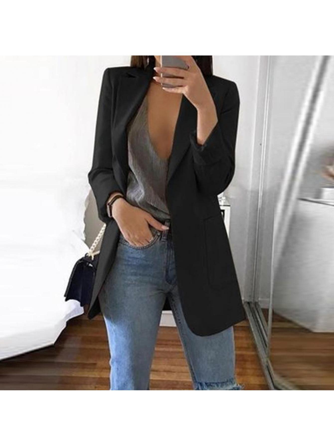 Solid Color Open Front Pockets Blazer, Elegant Shawl Collar Long Sleeve Blazer For Office & Work, Women's Clothing