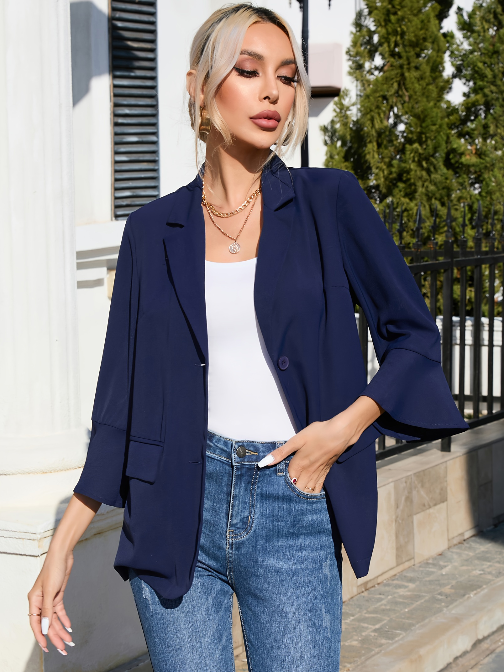 Women's Open Front Work Suit Soft Plaid Jacket