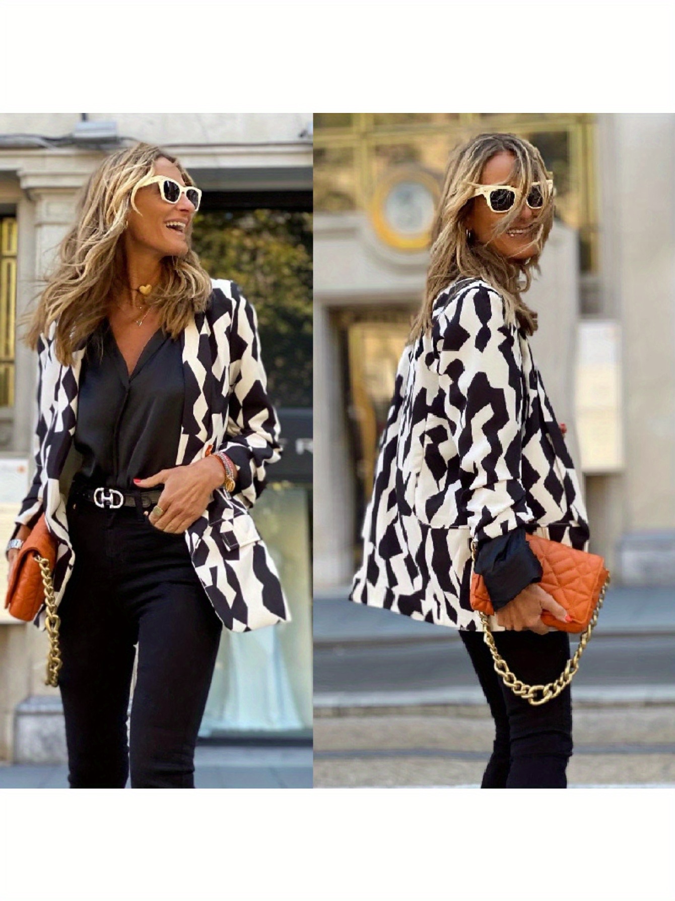 Ladies' Long Sleeved Suit with Black and White Print, Slim Fit Jacket, Suitable for Autumn Wear