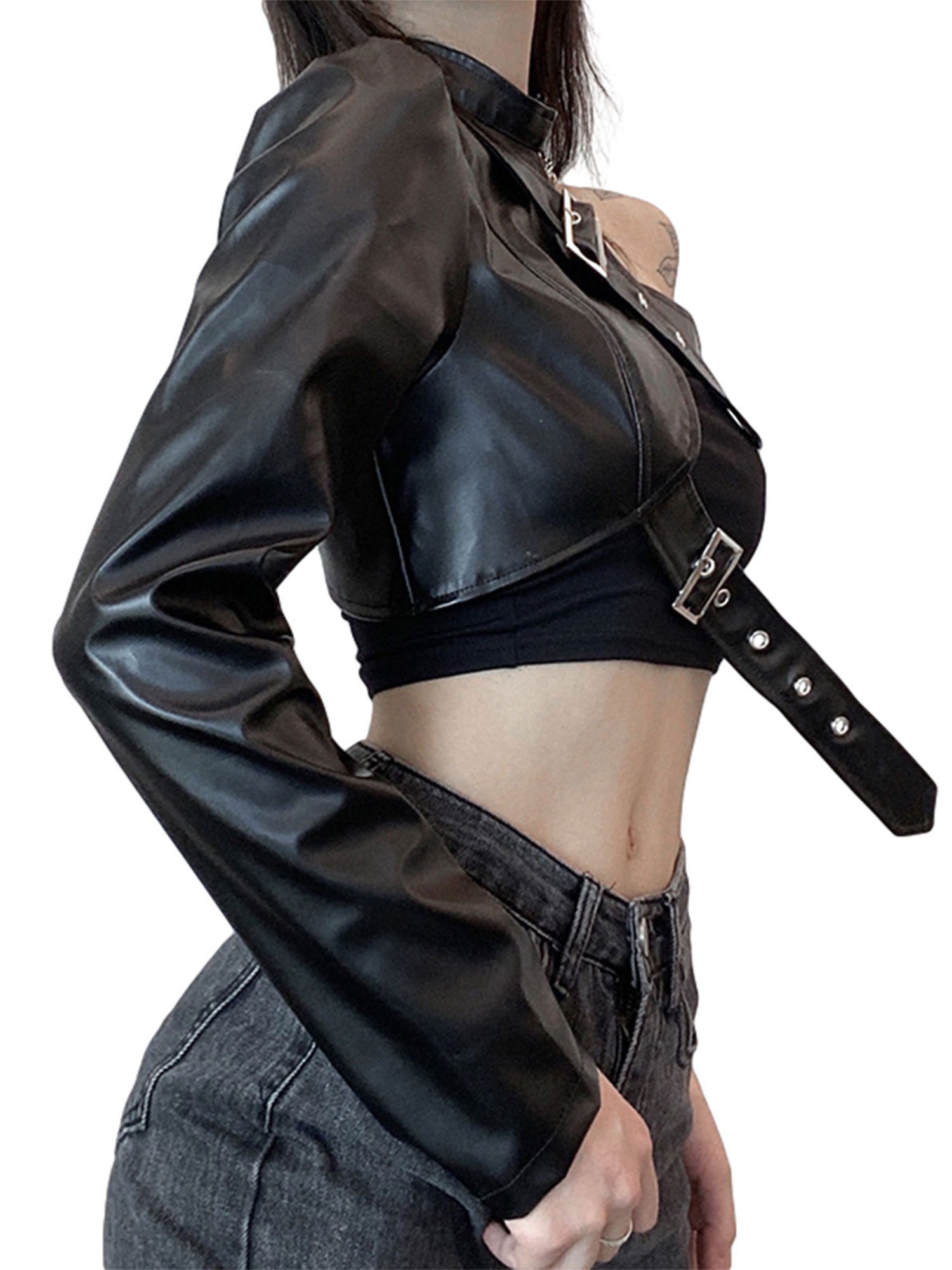 Women Punk Style Crop Tops, Cool Single Long Sleeve Neck Hanger Leather Belt Connected Tops, Women Clothing