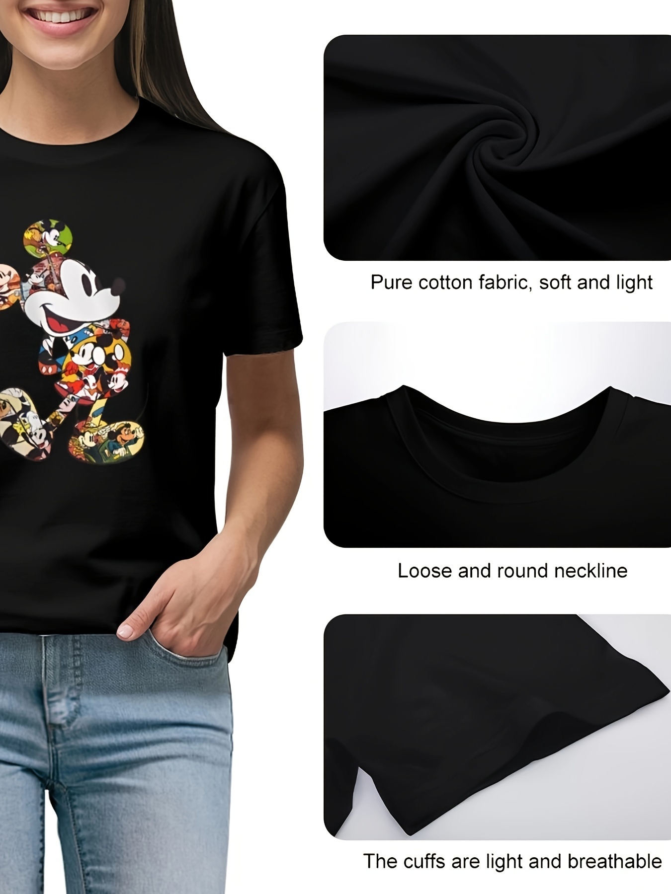 Women's Mickey Mouse Distressed Design Plus Size T Shirts Oversized Tees Crew Neck Cotton T-Shirt, 1XL-3XL