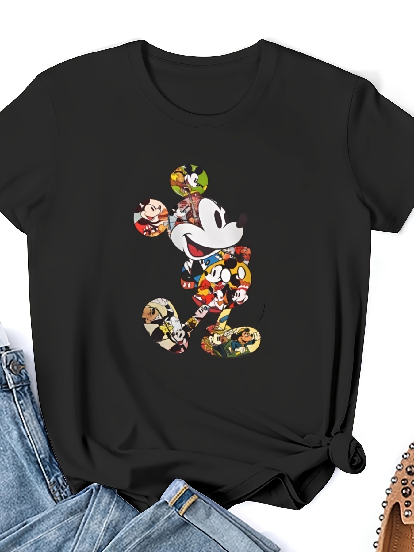 Women's Mickey Mouse Distressed Design Plus Size T Shirts Oversized Tees Crew Neck Cotton T-Shirt, 1XL-3XL
