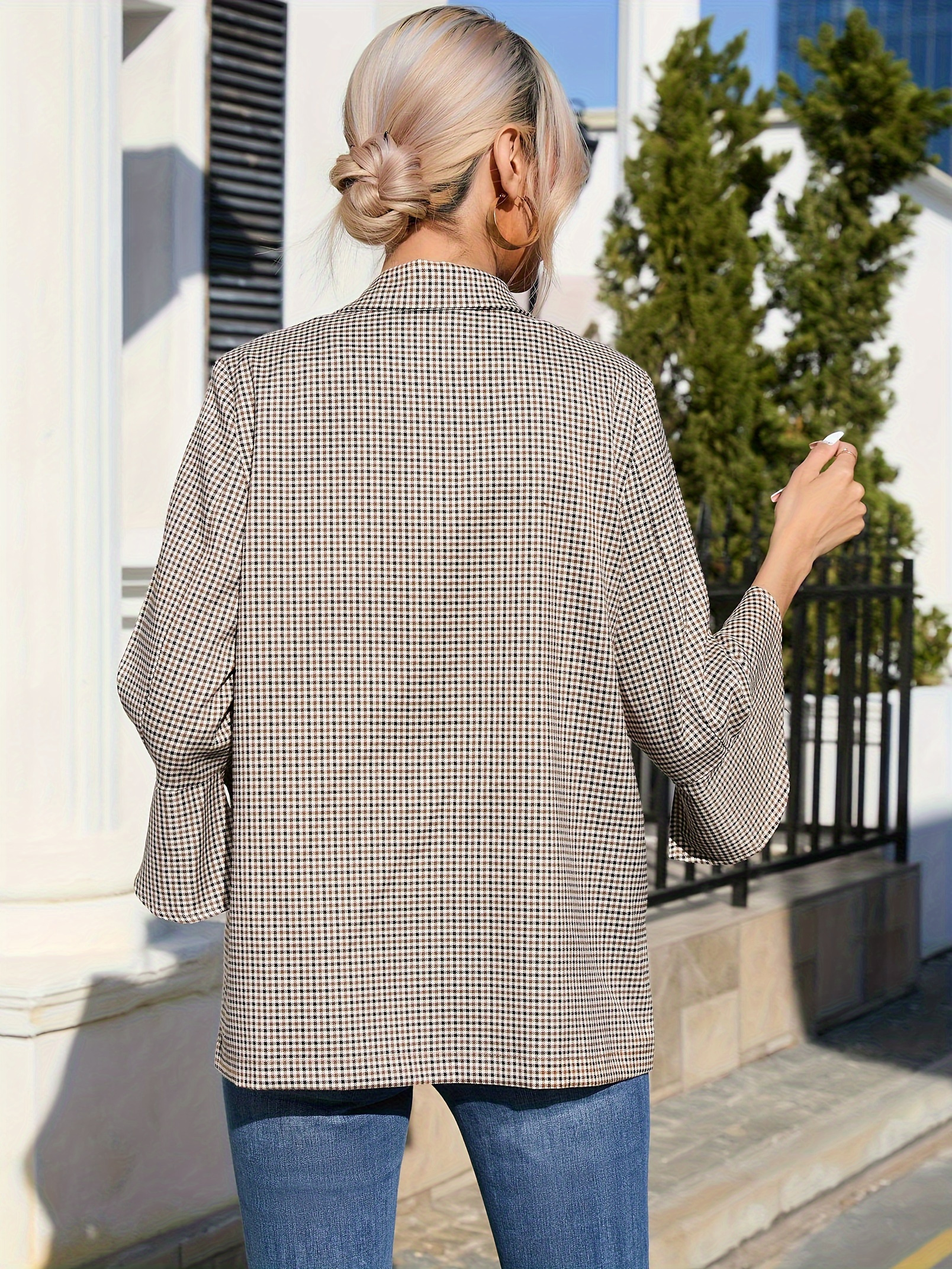 Women's Open Front Work Suit Soft Plaid Jacket