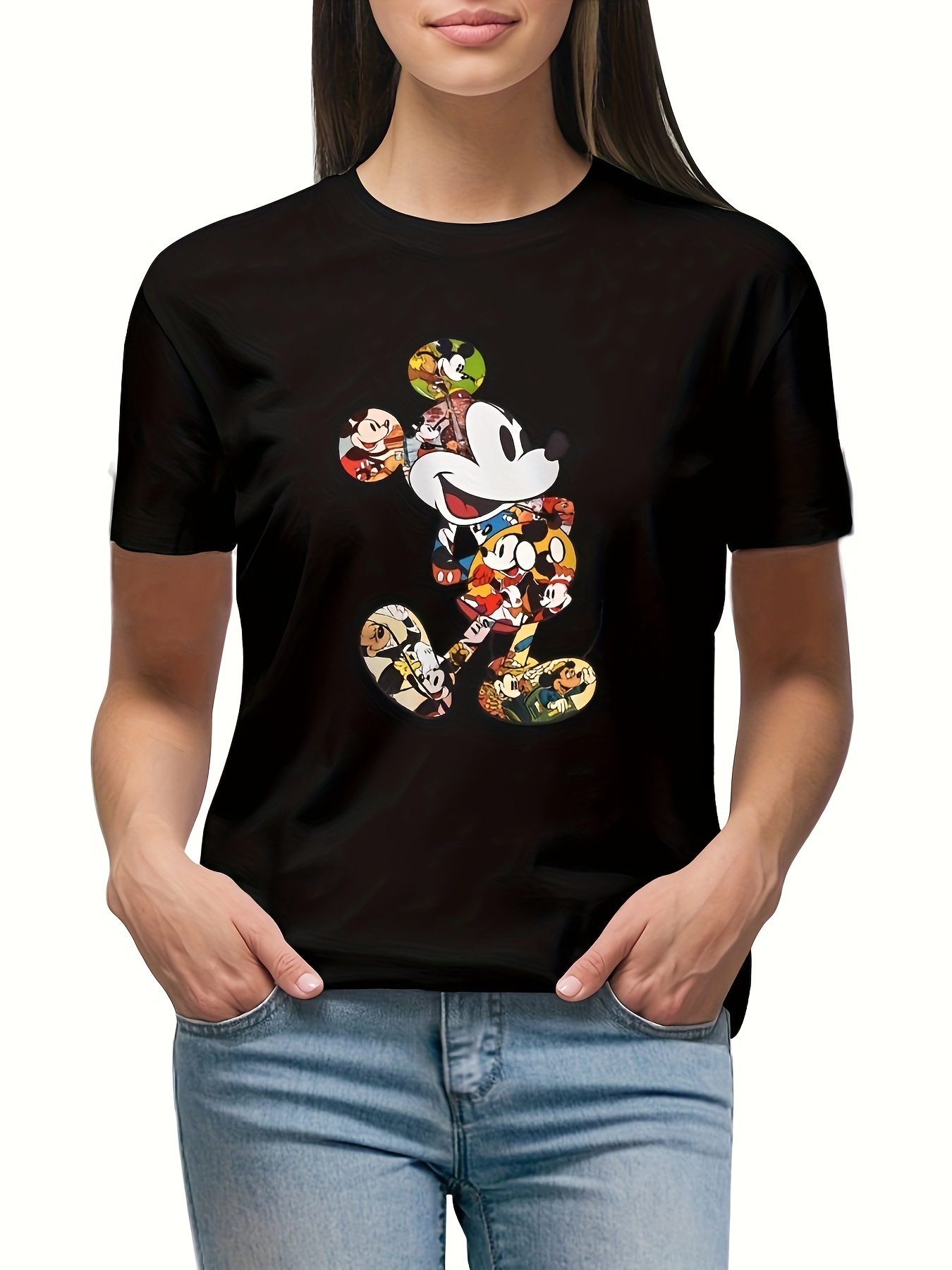 Women's Mickey Mouse Distressed Design Plus Size T Shirts Oversized Tees Crew Neck Cotton T-Shirt, 1XL-3XL