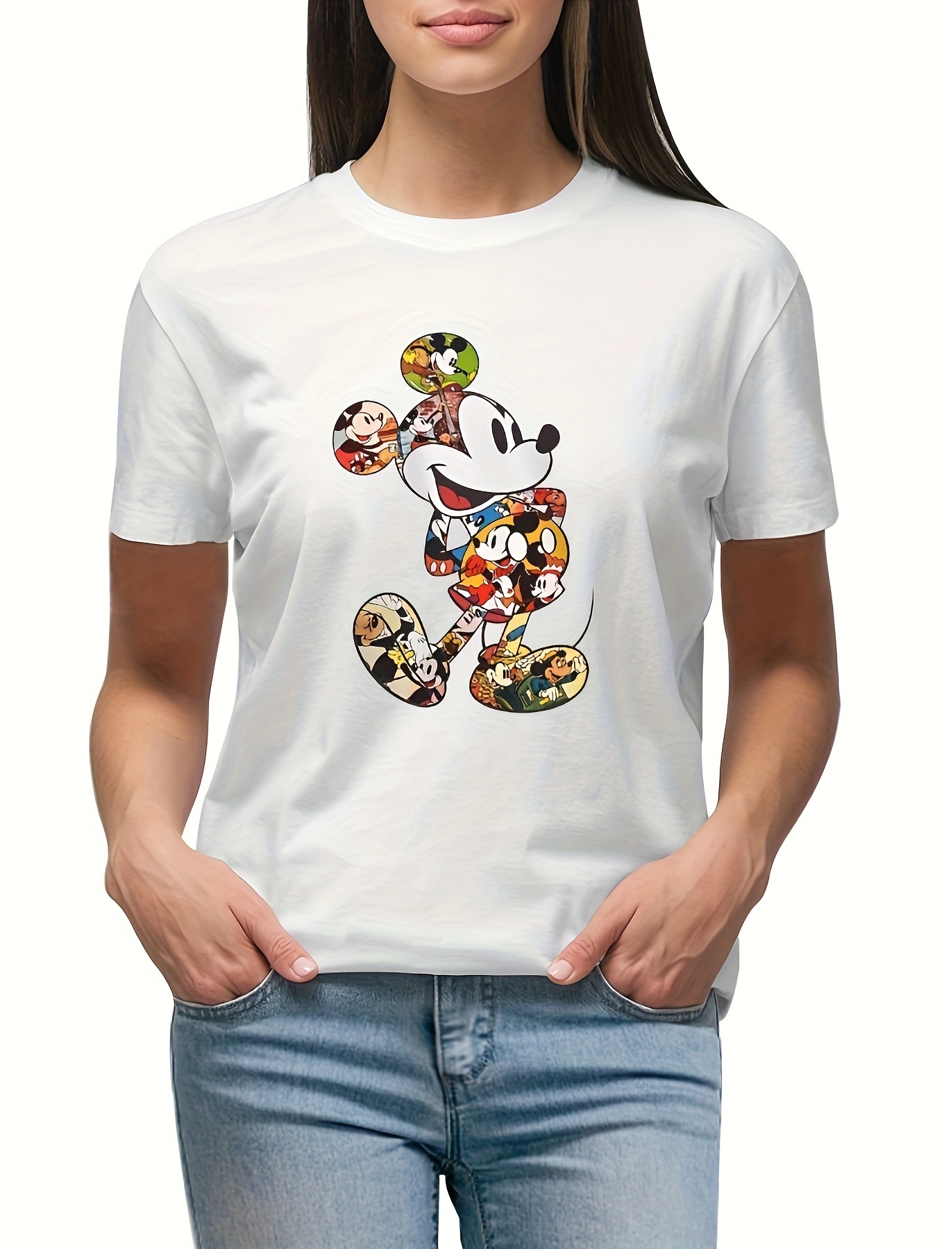 Women's Mickey Mouse Distressed Design Plus Size T Shirts Oversized Tees Crew Neck Cotton T-Shirt, 1XL-3XL