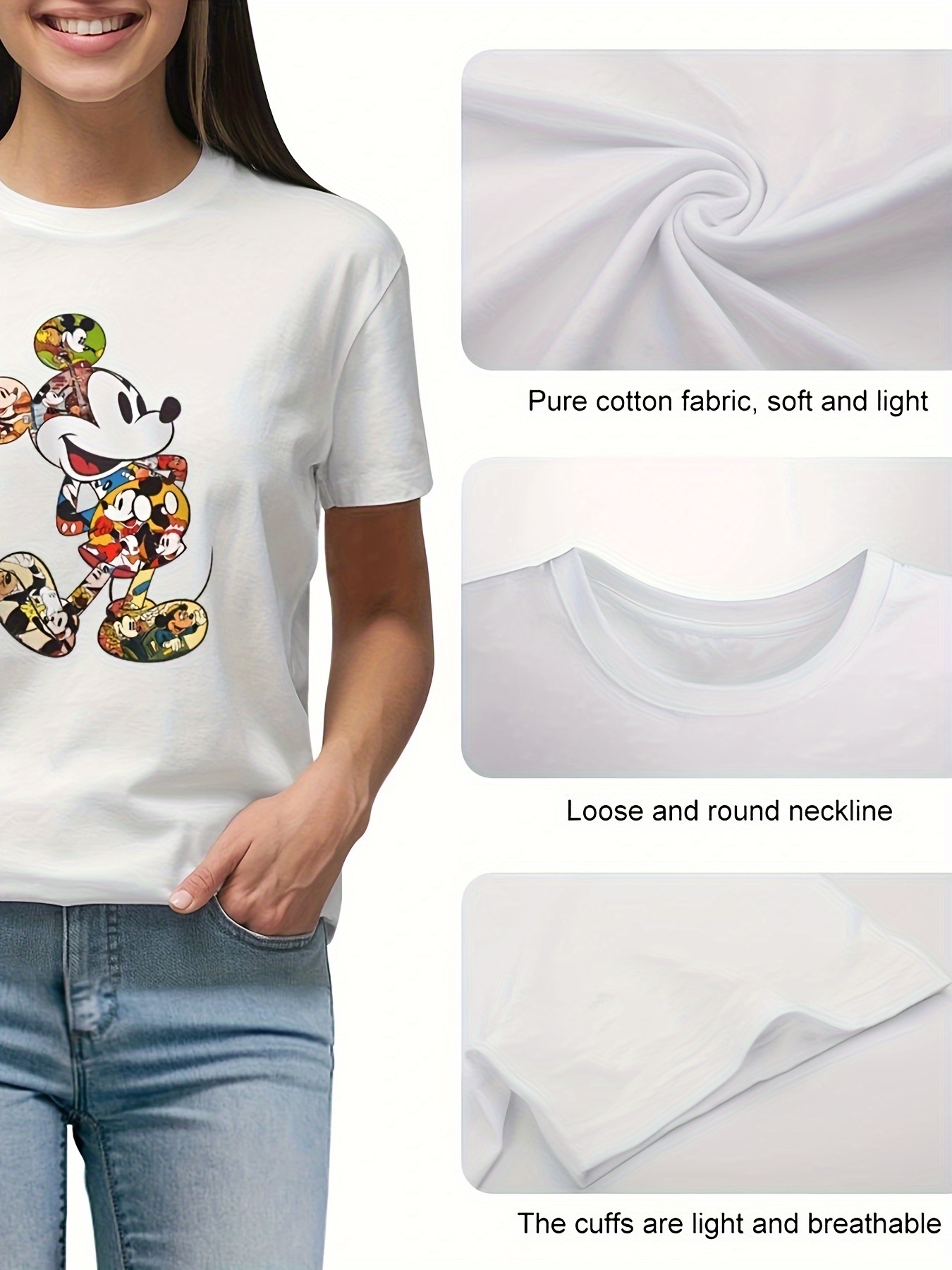 Women's Mickey Mouse Distressed Design Plus Size T Shirts Oversized Tees Crew Neck Cotton T-Shirt, 1XL-3XL