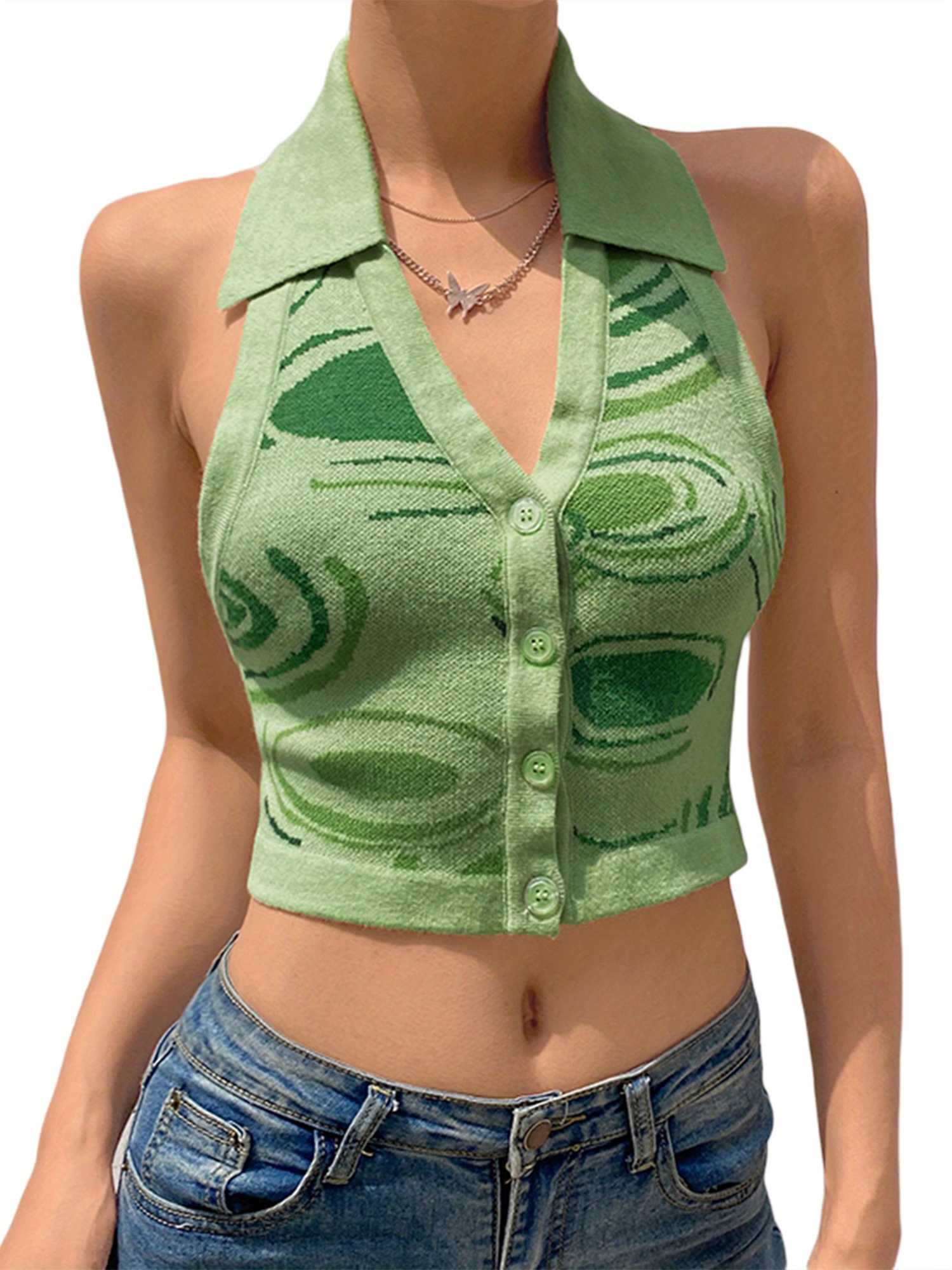 Geometric Print Lapel Neck Sweater Vest, Casual Sleeveless Button Front Backless Knitted Vest For Spring & Summer, Women's Clothing