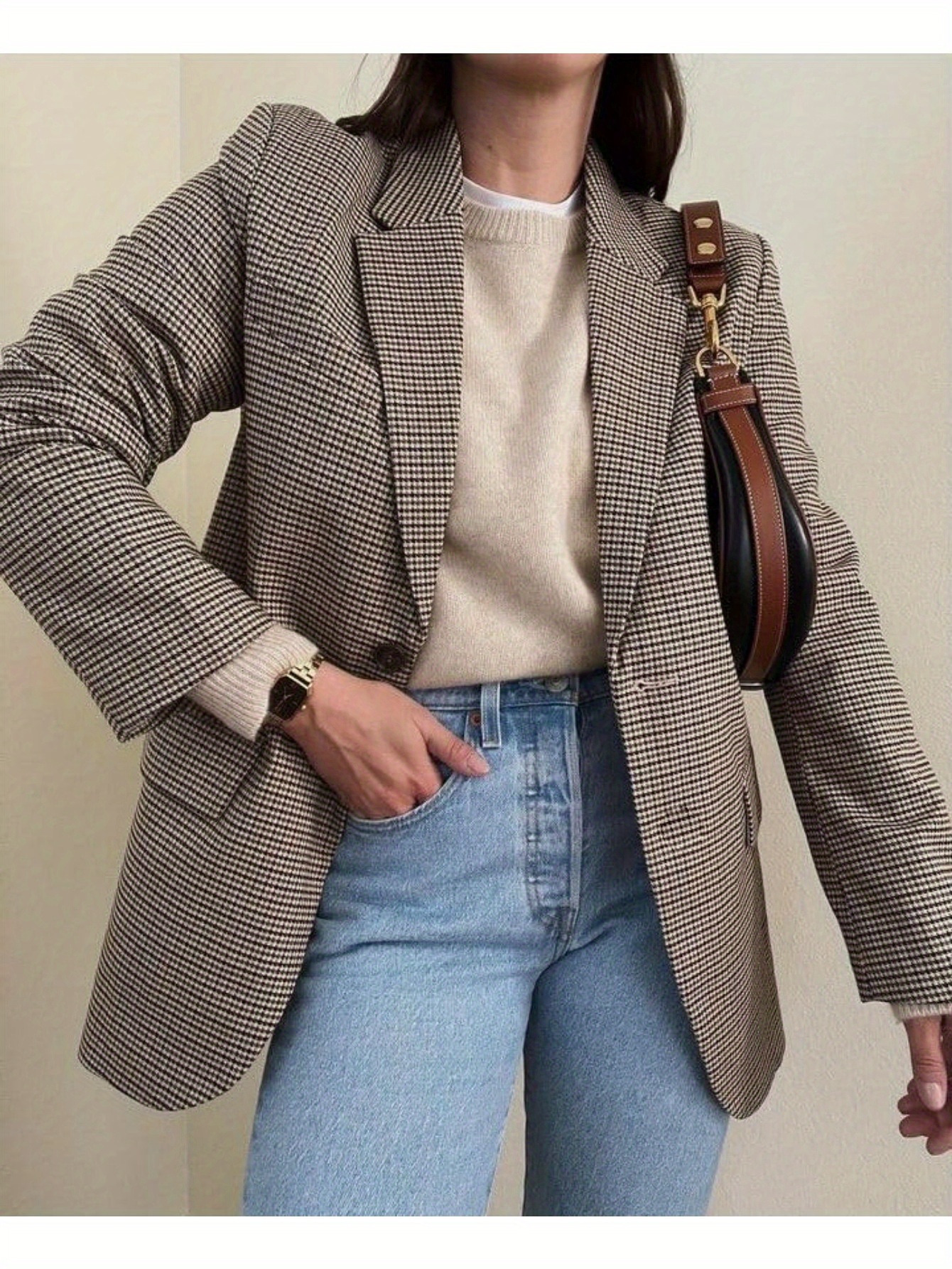 Stylish Houndstooth Blazer - Elegant Lapel, Long Sleeve, Single Button, Pockets, Work Office Wear - Women's Classic Clothing for Professional Occasions