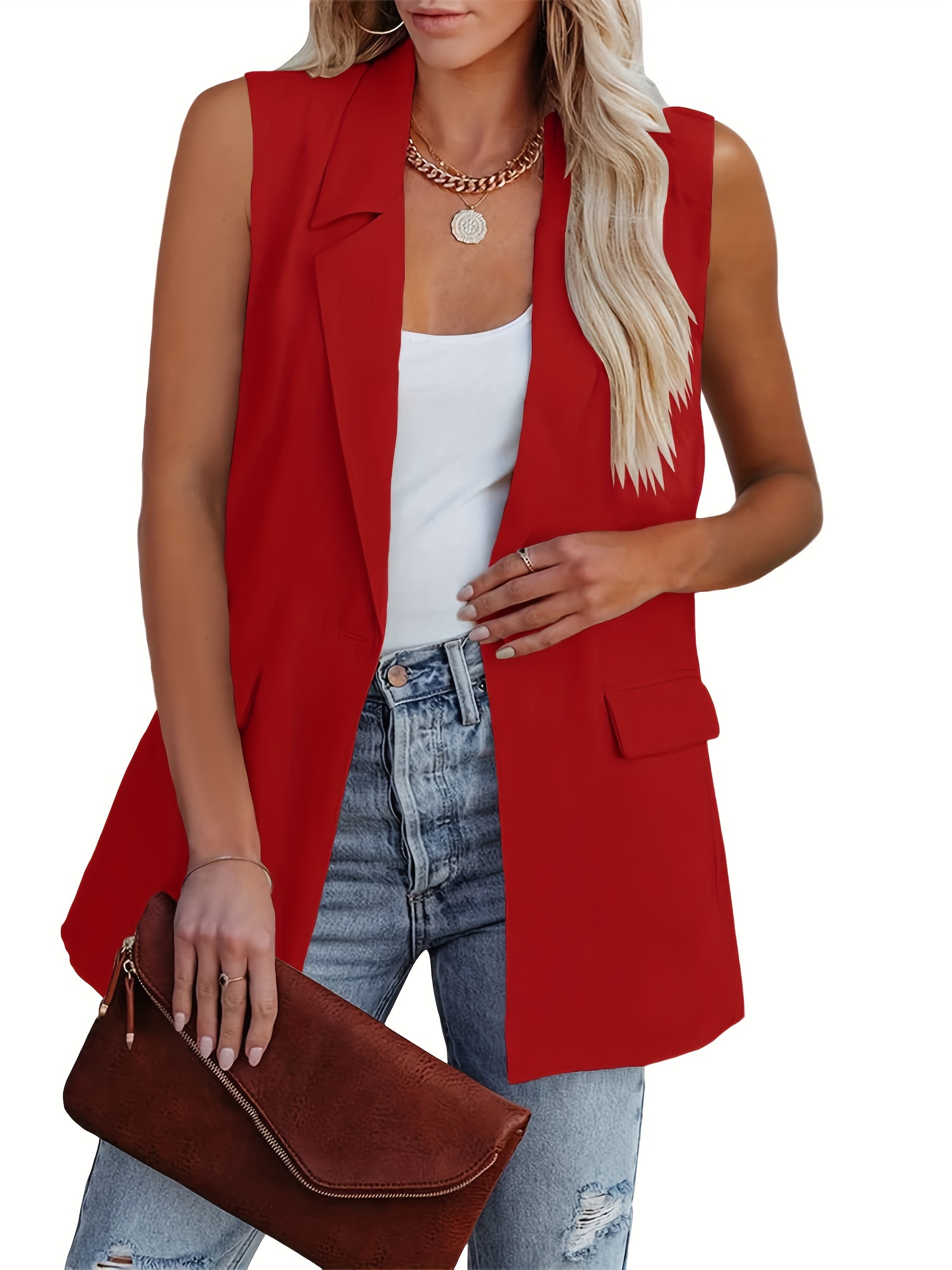 Women's Sleeveless Blazer Vest Casual Open Front Single Button Summer Jacket With Pockets