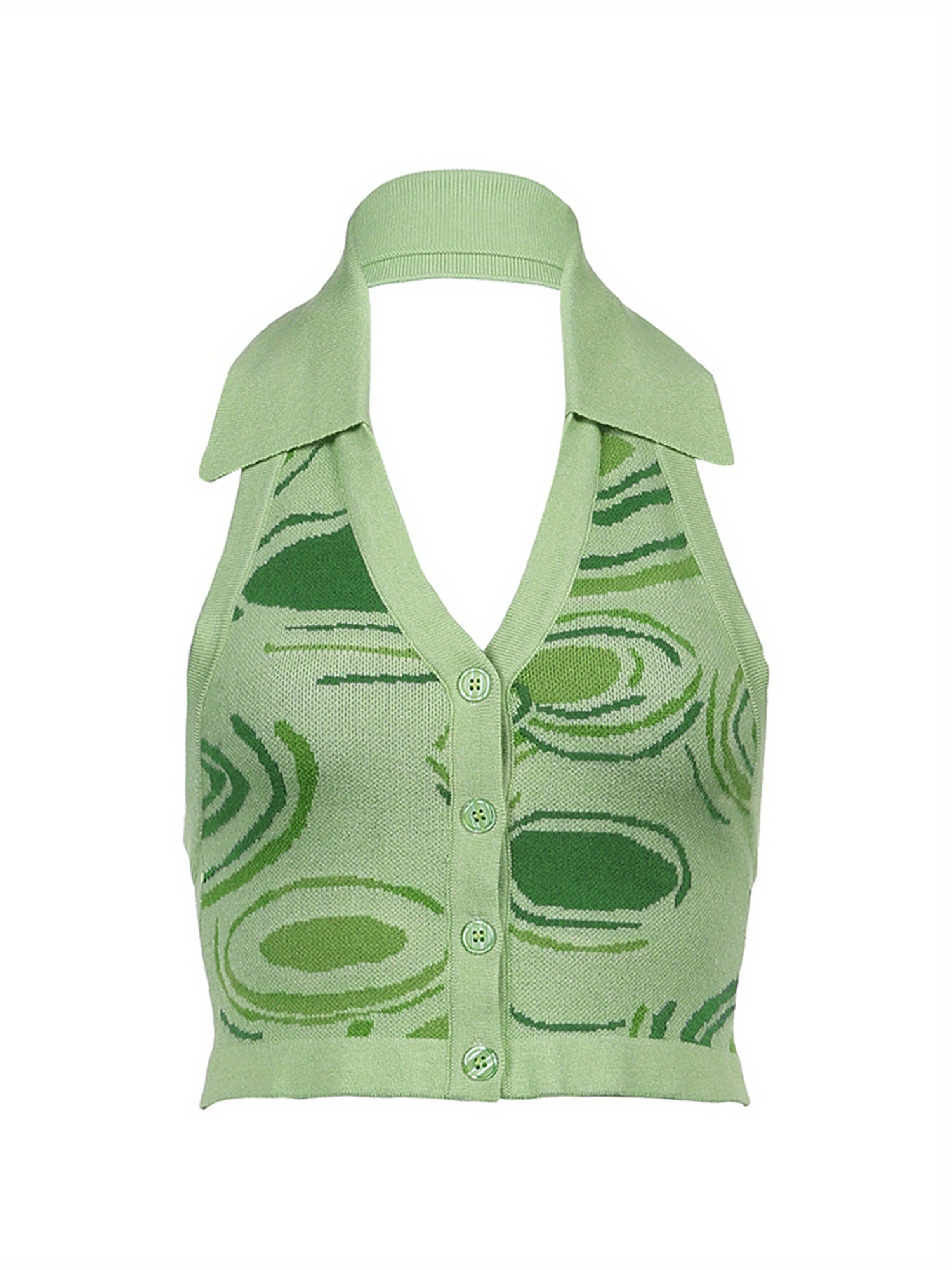 Geometric Print Lapel Neck Sweater Vest, Casual Sleeveless Button Front Backless Knitted Vest For Spring & Summer, Women's Clothing