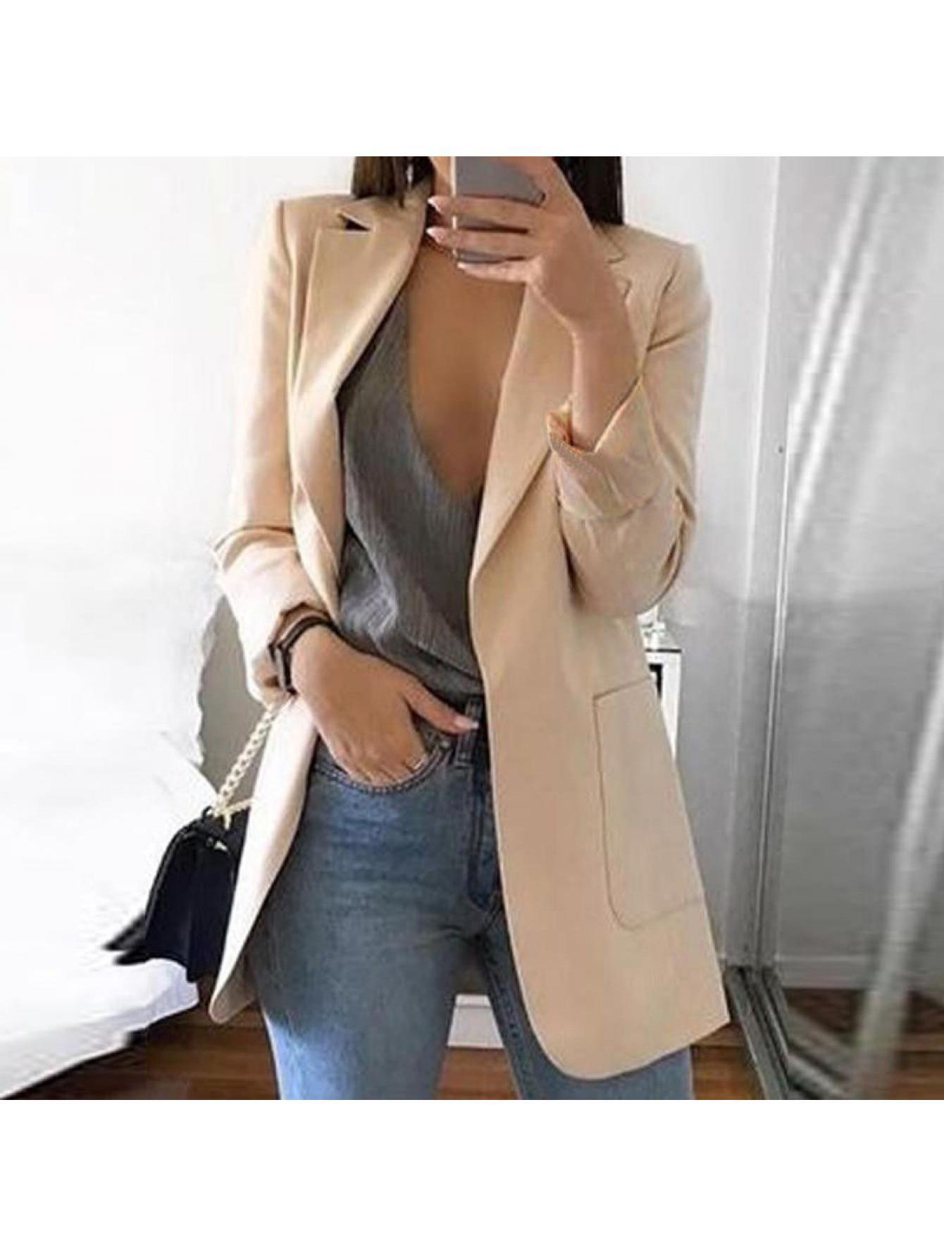 Solid Color Open Front Pockets Blazer, Elegant Shawl Collar Long Sleeve Blazer For Office & Work, Women's Clothing