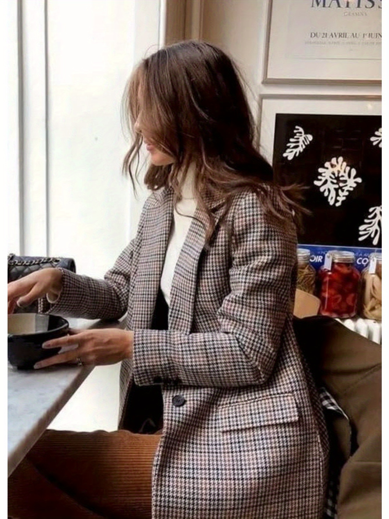 Stylish Houndstooth Blazer - Elegant Lapel, Long Sleeve, Single Button, Pockets, Work Office Wear - Women's Classic Clothing for Professional Occasions