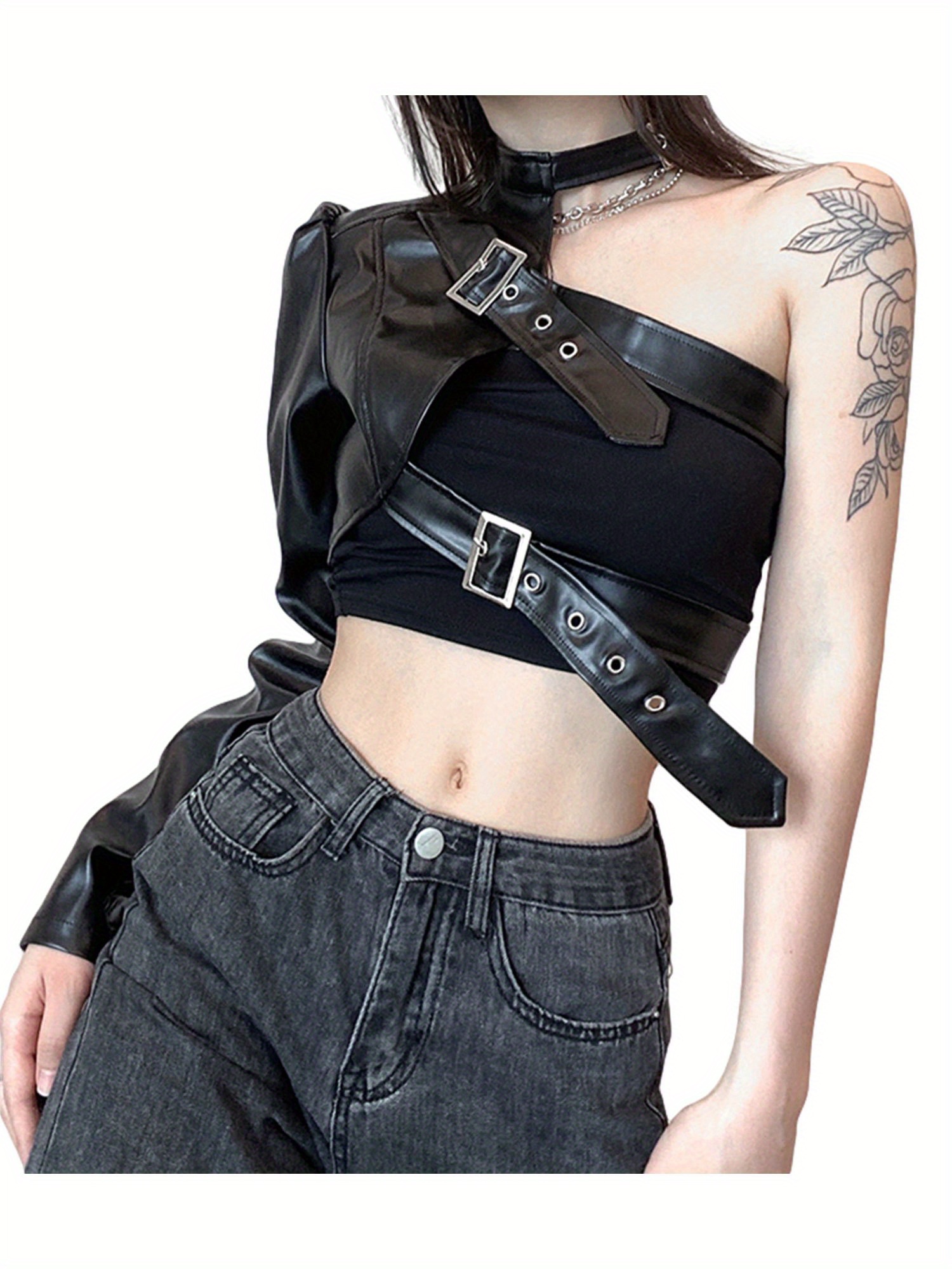 Women Punk Style Crop Tops, Cool Single Long Sleeve Neck Hanger Leather Belt Connected Tops, Women Clothing