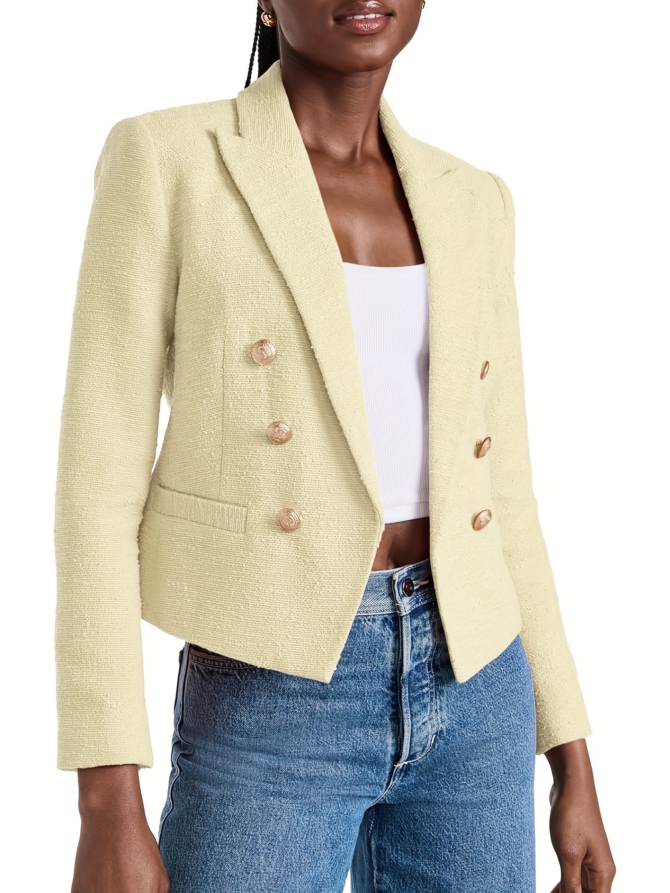 Double-Breasted Open Front Blazer, Elegant Lapel Neck Long Sleeve Cropped Blazer, Women's Clothing