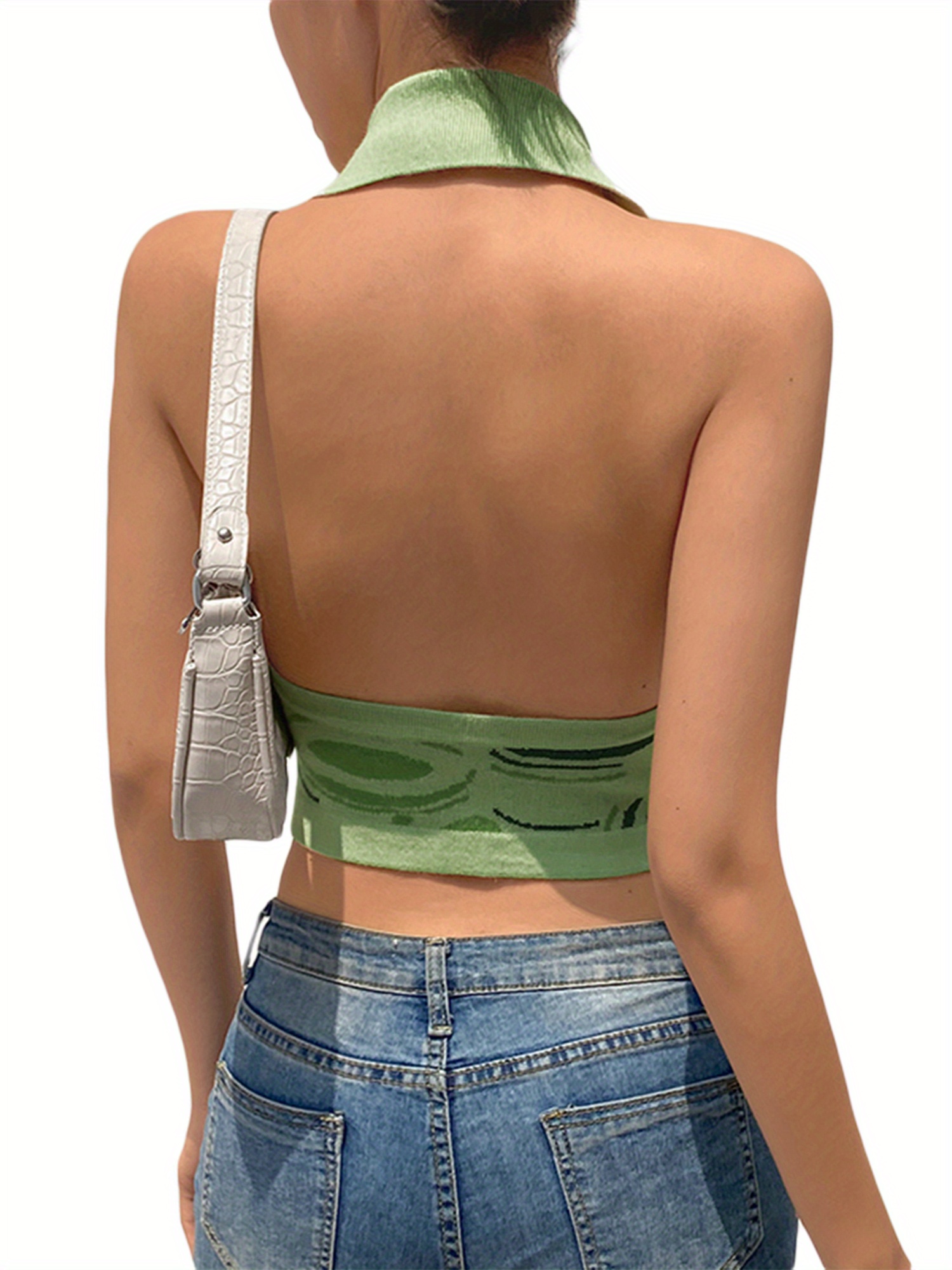 Geometric Print Lapel Neck Sweater Vest, Casual Sleeveless Button Front Backless Knitted Vest For Spring & Summer, Women's Clothing