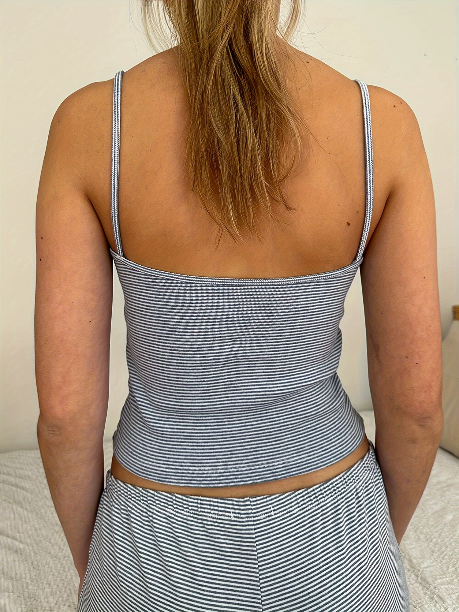 2-Piece Cozy Striped Print Pajama Set - Soft Crop Camisole Top and Elastic Waist Shorts for Loungewear, Sleepwear, and Nightwear - Comfortable, Breathable, and Relaxed Fit for Women