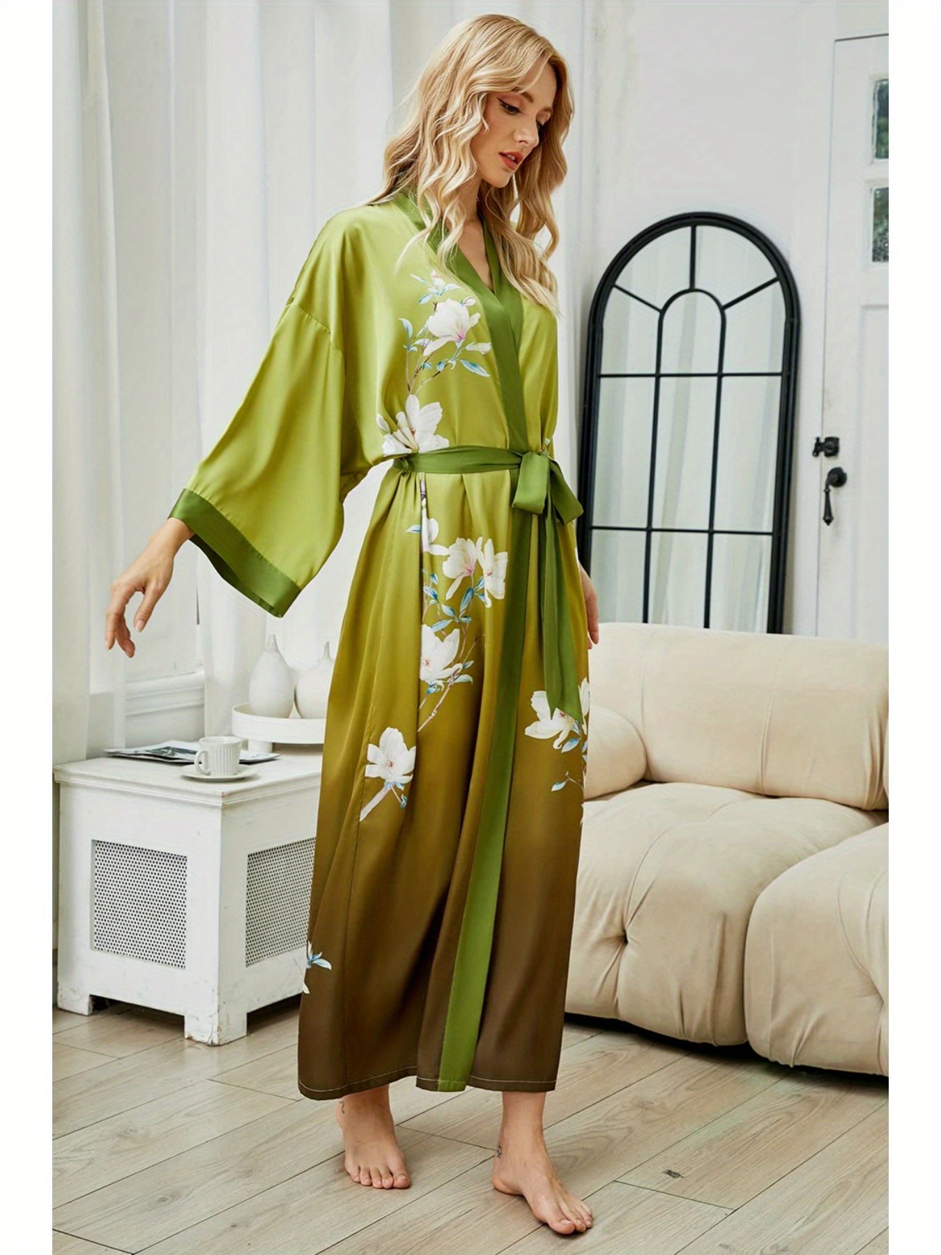 Women's Long Kimono Robe Floral Silk Robes Satin Bathrobe Sleepwear Print Silky Nightgown Wedding Robe