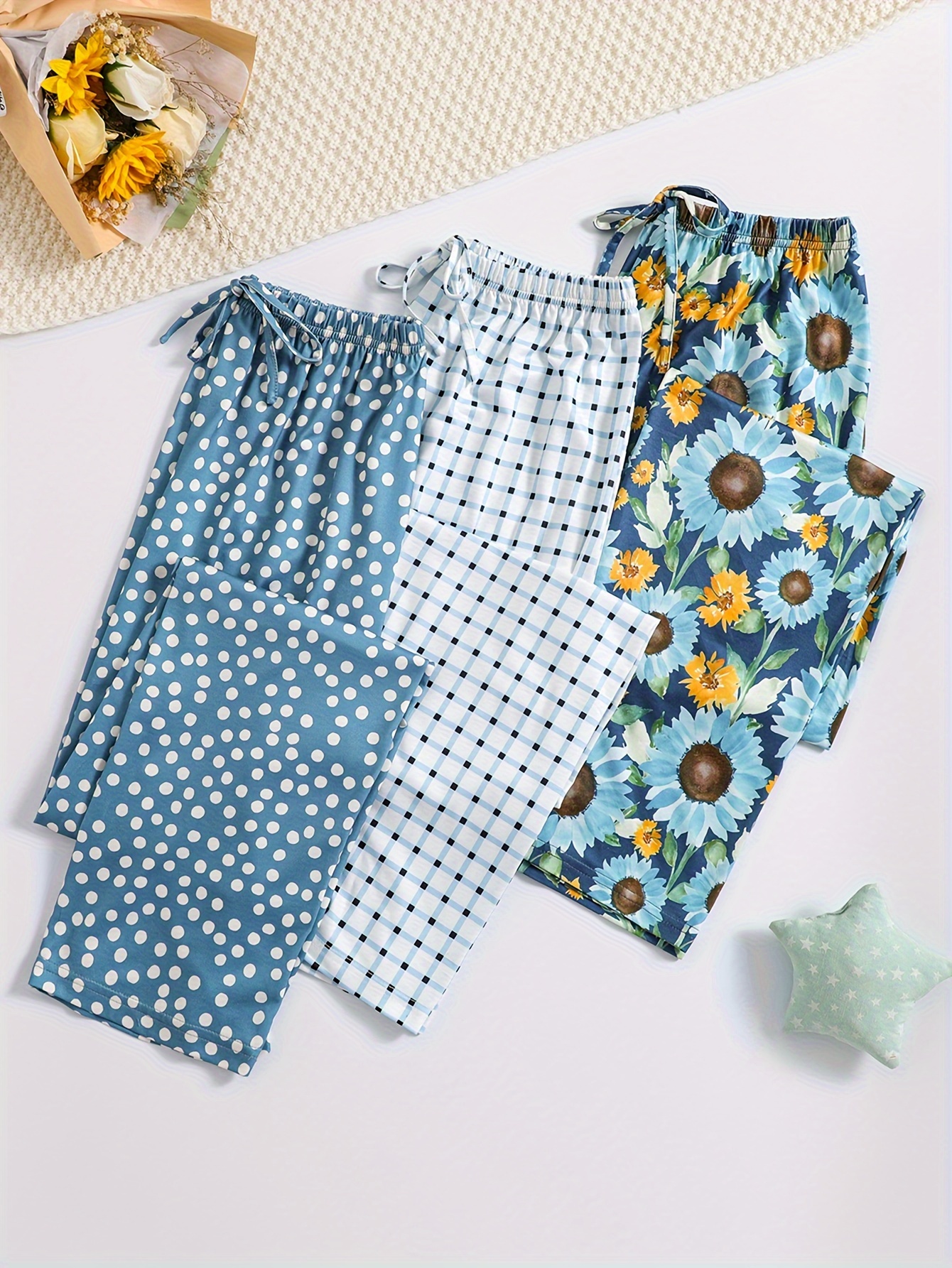 [3 Pieces Combination] Autumn Women's Loose Knitted Stretch Fabric Leisure 3 Pieces Different Printed Multi-Color Versatile Home Casual Trousers