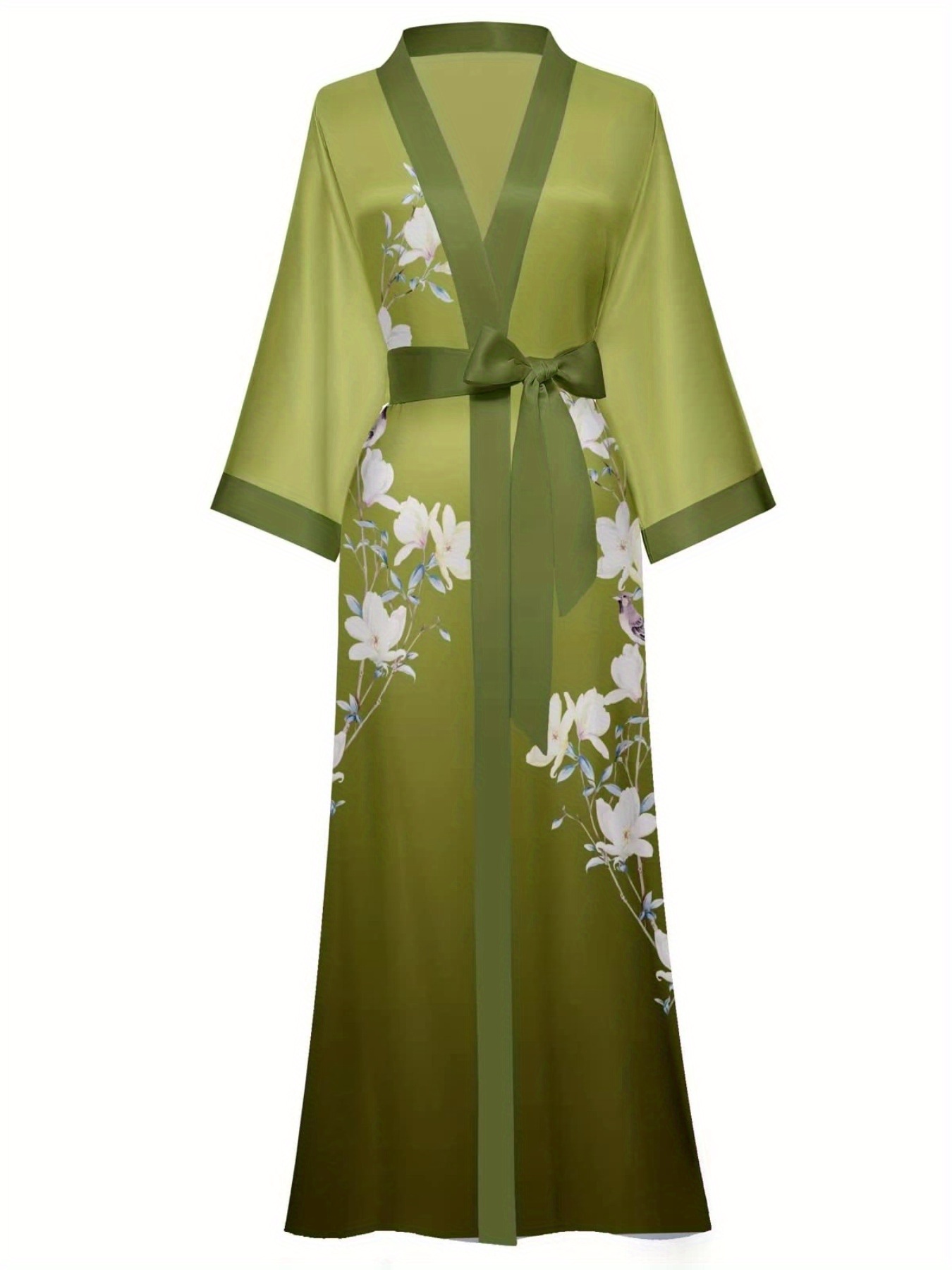 Women's Long Kimono Robe Floral Silk Robes Satin Bathrobe Sleepwear Print Silky Nightgown Wedding Robe