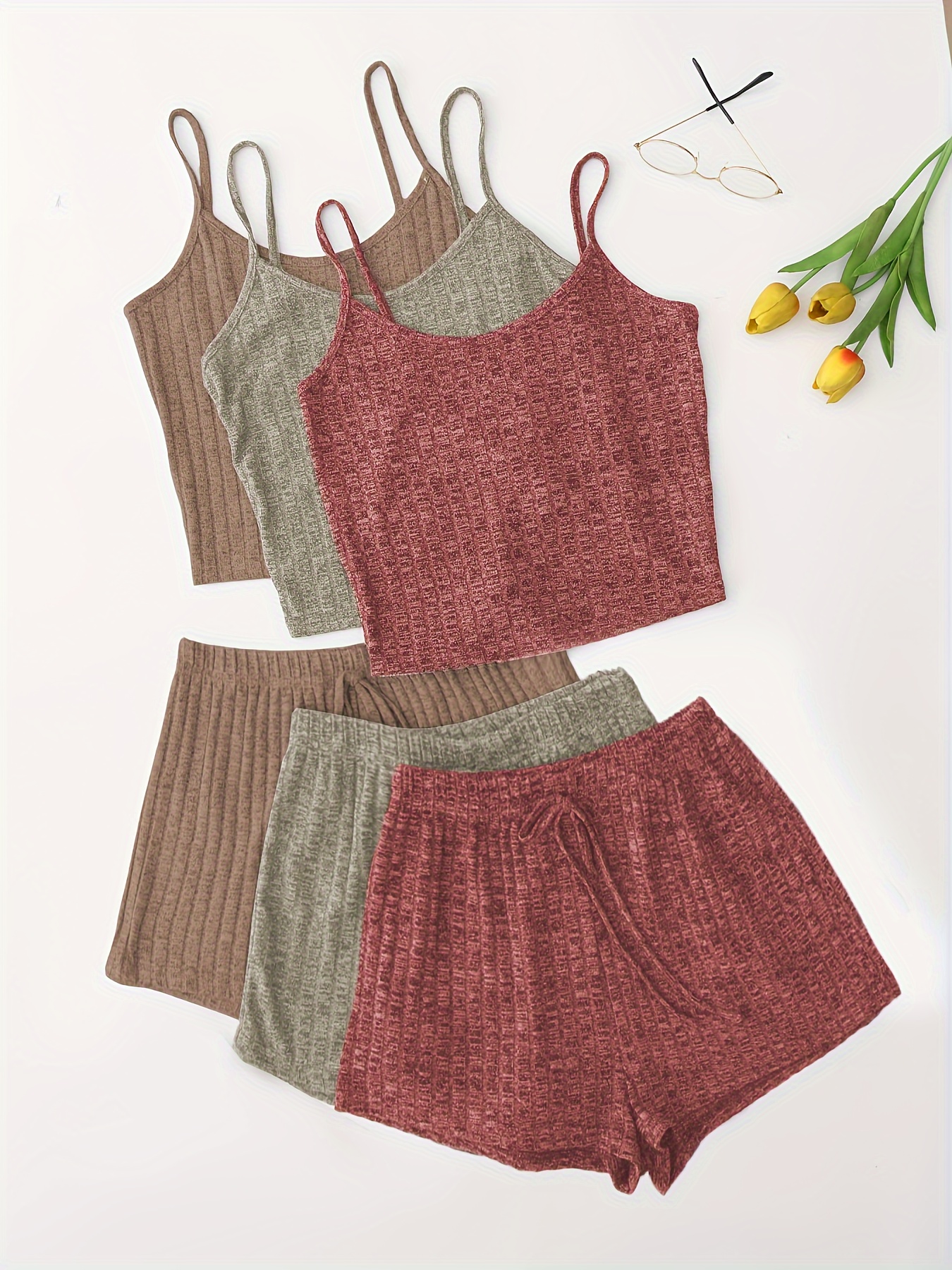 3 Sets Solid Pajama Set, Round Neck Cami Top & Lace-up Shorts, Women's Sleepwear & Loungewear