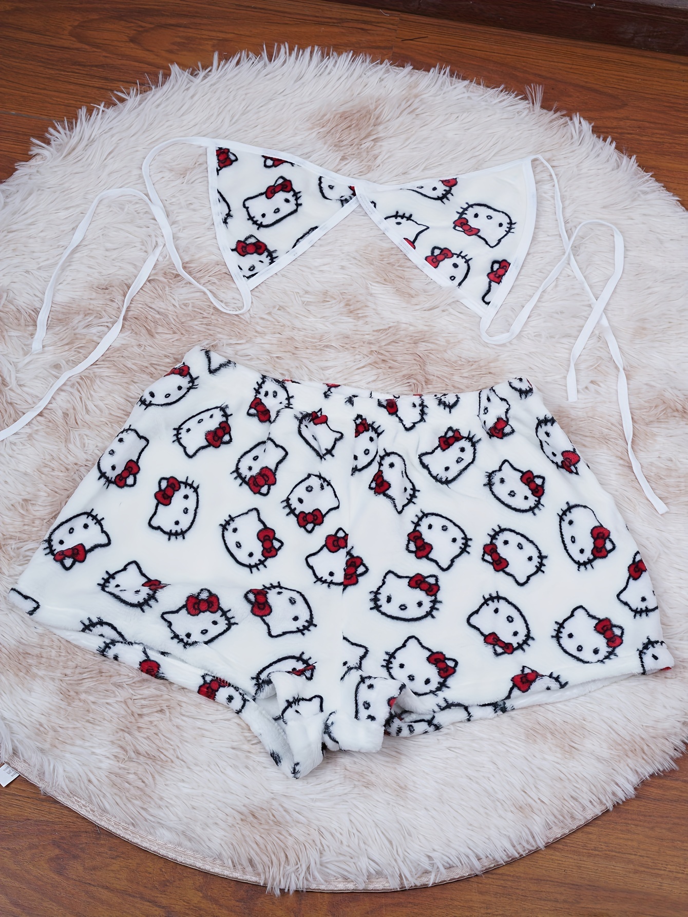 Women's 2-Piece Hello Kitty Pajama Set, Cute Cartoon Print Sleepwear, Soft Fleece Thickened Sleep Wear For Home