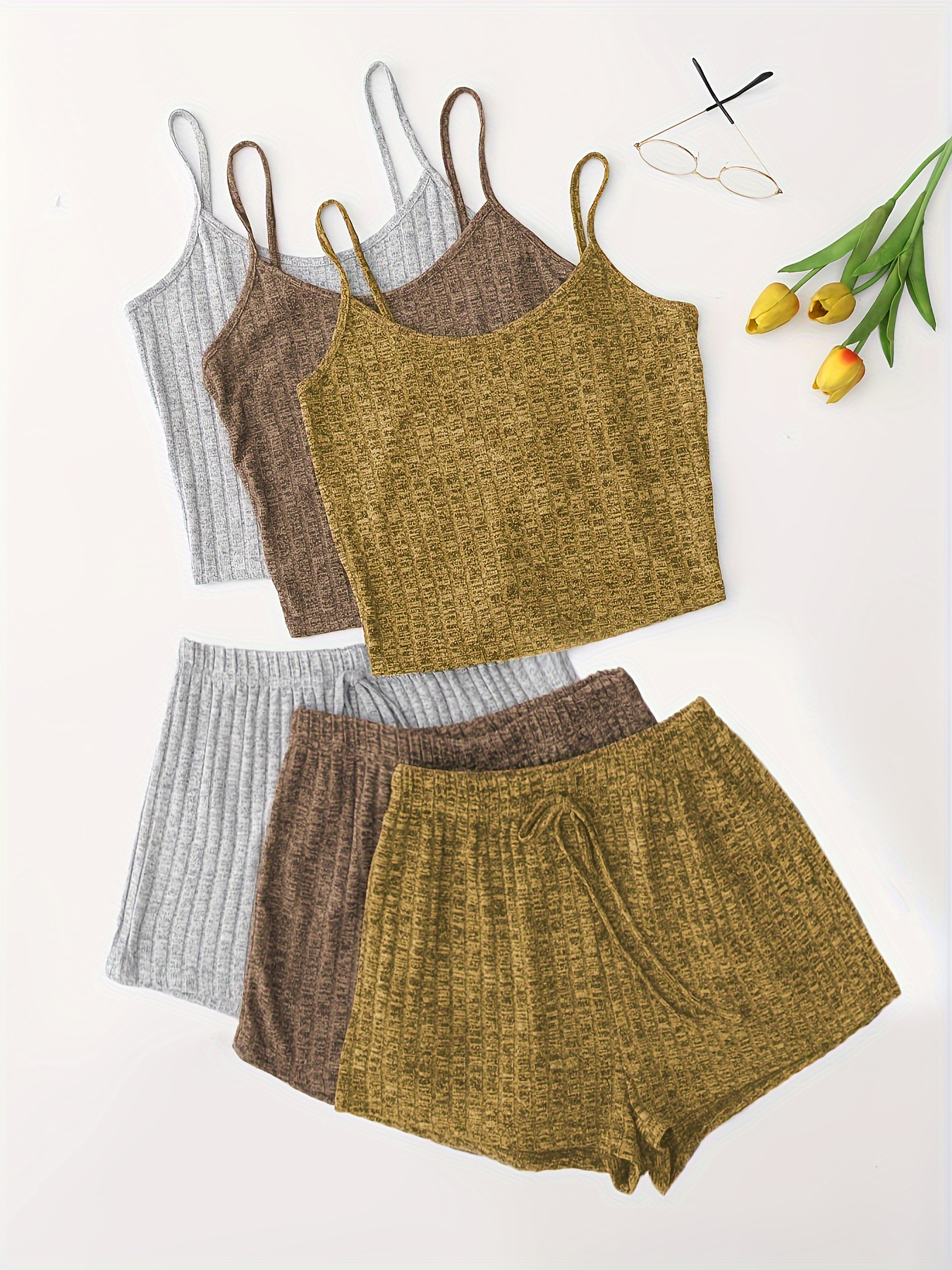 3 Sets Solid Pajama Set, Round Neck Cami Top & Lace-up Shorts, Women's Sleepwear & Loungewear