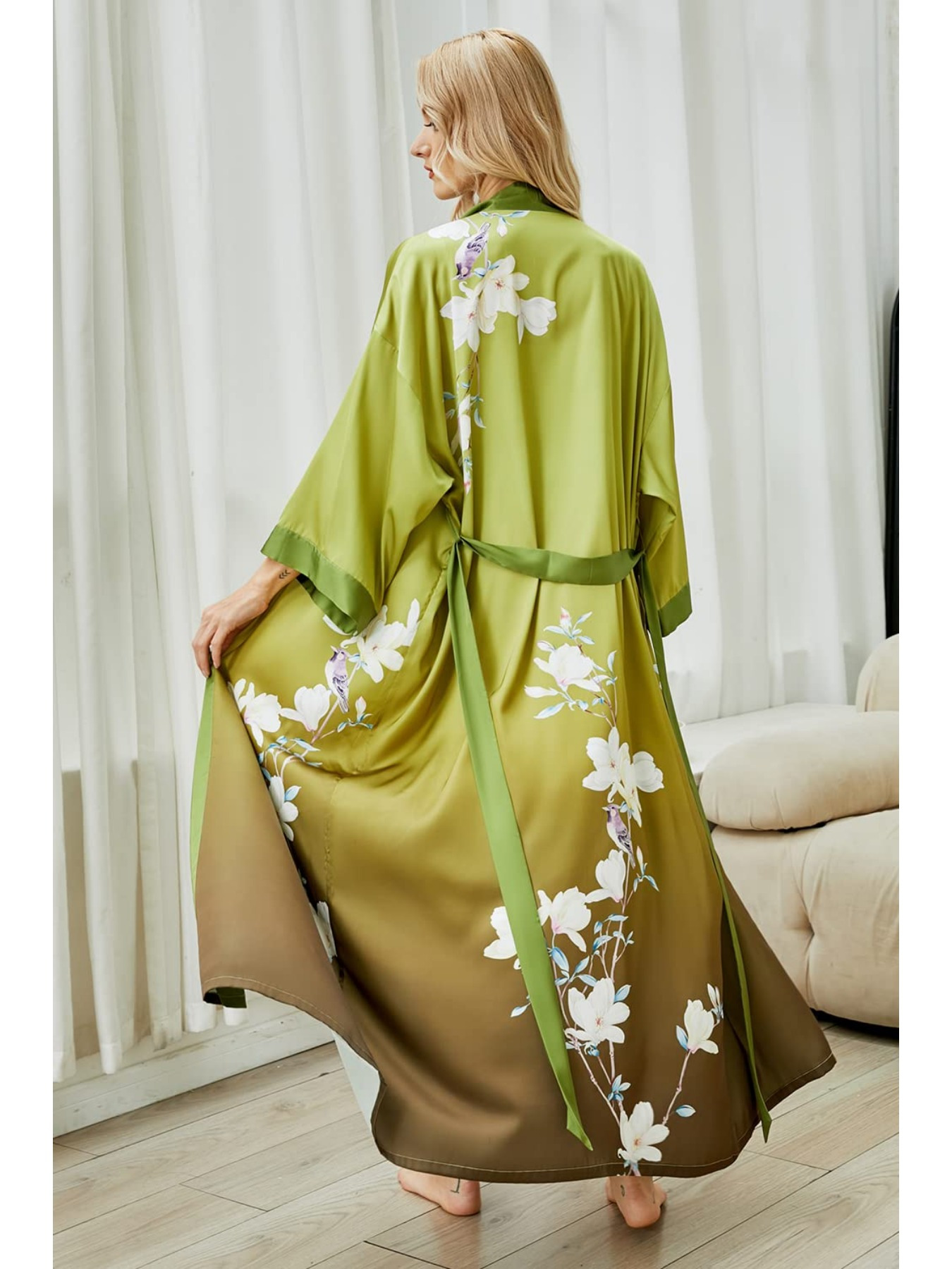 Women's Long Kimono Robe Floral Silk Robes Satin Bathrobe Sleepwear Print Silky Nightgown Wedding Robe