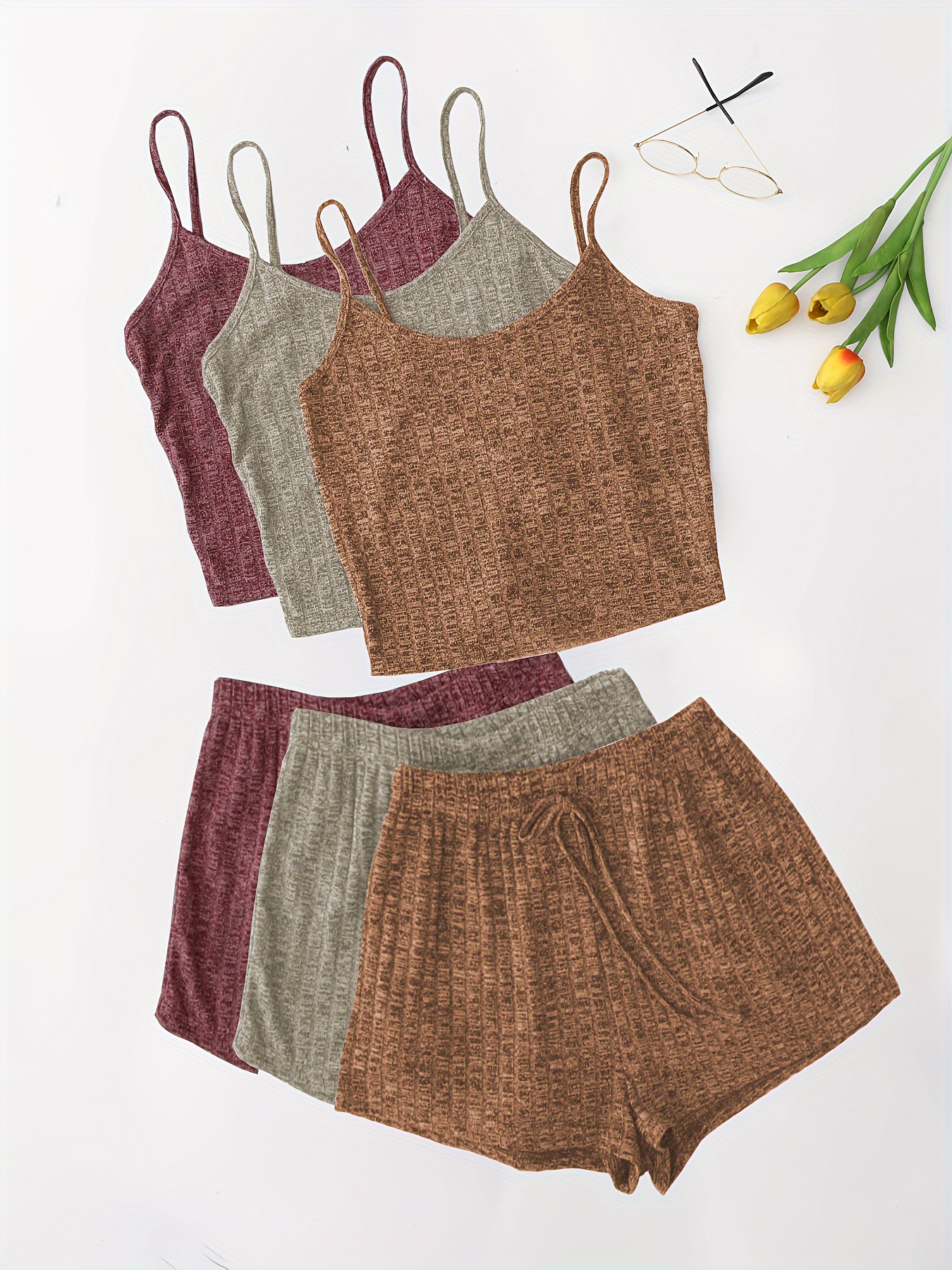 3 Sets Solid Pajama Set, Round Neck Cami Top & Lace-up Shorts, Women's Sleepwear & Loungewear