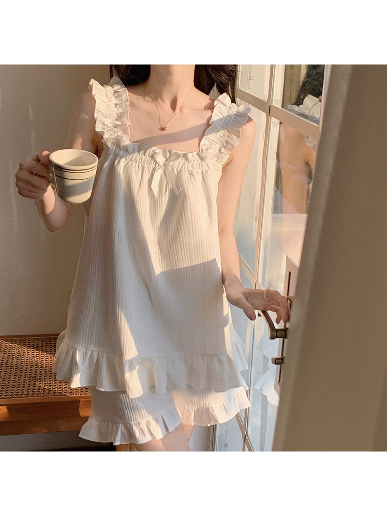 Padded Pajamas Women's Summer Knitted Cotton Sexy Sling Vest Two-Piece Summer Women's Princess Style Home Wear 2 PCS