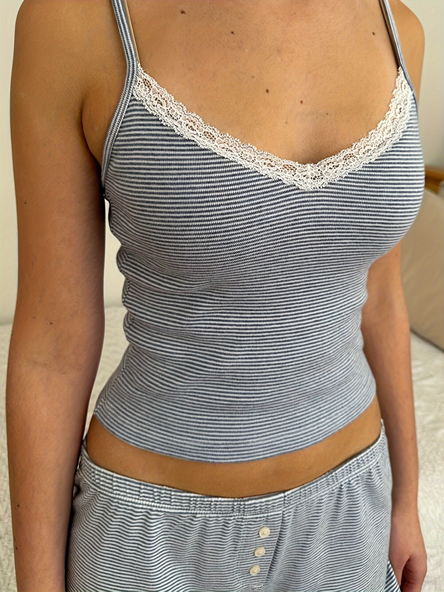 2-Piece Cozy Striped Print Pajama Set - Soft Crop Camisole Top and Elastic Waist Shorts for Loungewear, Sleepwear, and Nightwear - Comfortable, Breathable, and Relaxed Fit for Women