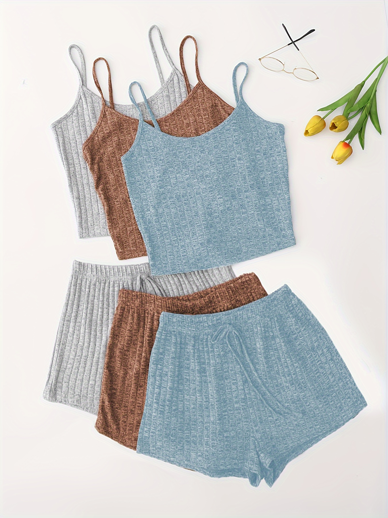 3 Sets Solid Pajama Set, Round Neck Cami Top & Lace-up Shorts, Women's Sleepwear & Loungewear