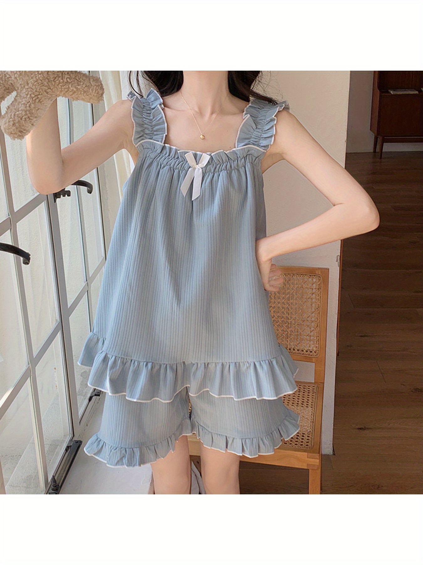 Padded Pajamas Women's Summer Knitted Cotton Sexy Sling Vest Two-Piece Summer Women's Princess Style Home Wear 2 PCS