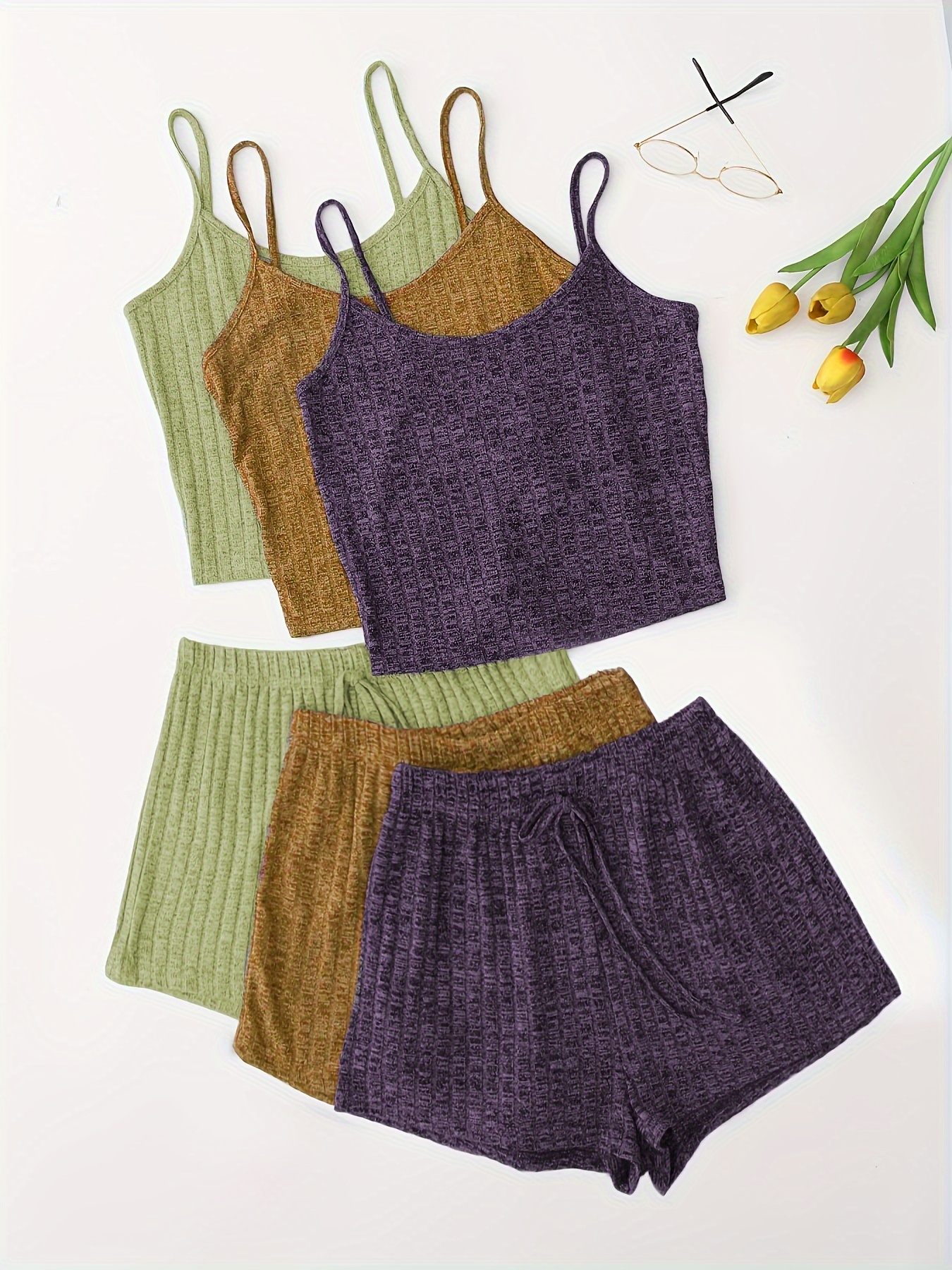 3 Sets Solid Pajama Set, Round Neck Cami Top & Lace-up Shorts, Women's Sleepwear & Loungewear