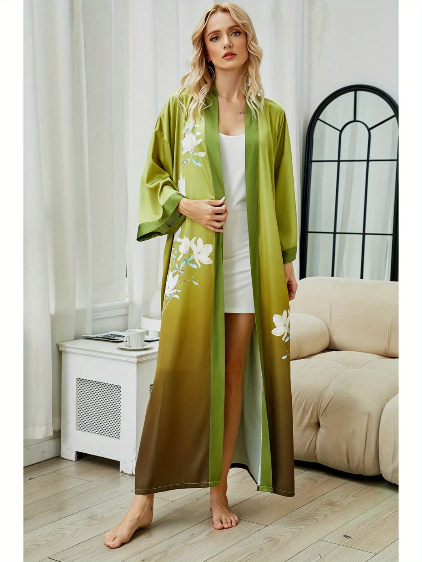 Women's Long Kimono Robe Floral Silk Robes Satin Bathrobe Sleepwear Print Silky Nightgown Wedding Robe