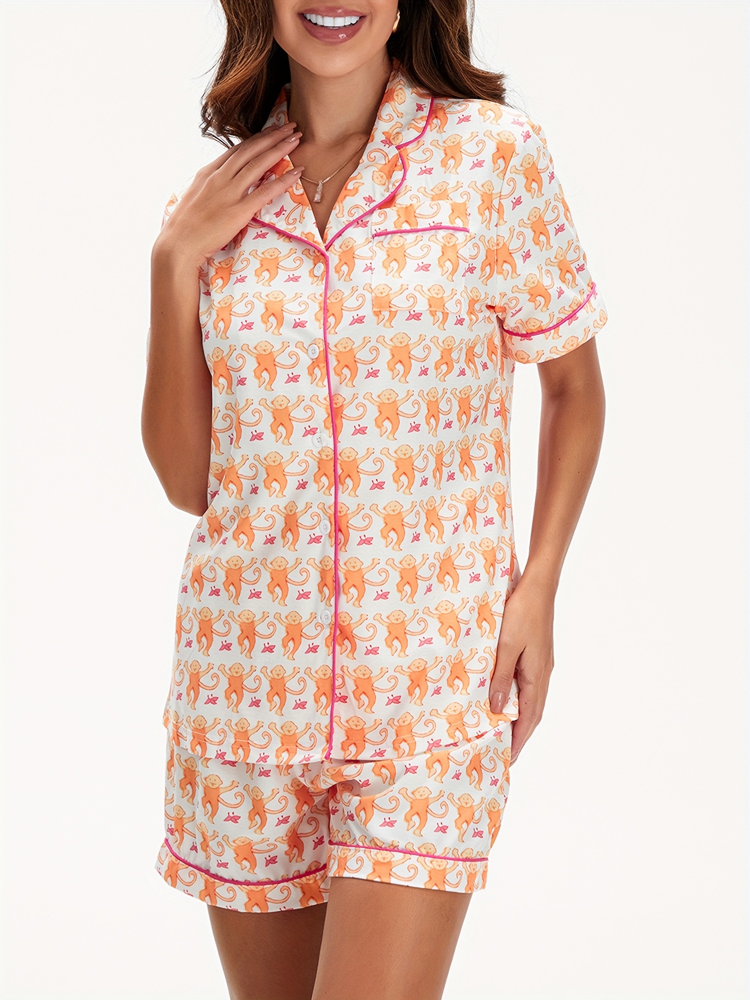 Women's Casual Pajama Set - Cartoon Monkey Print Short Sleeve Lapel Button-Down Top With Elastic Waist Shorts