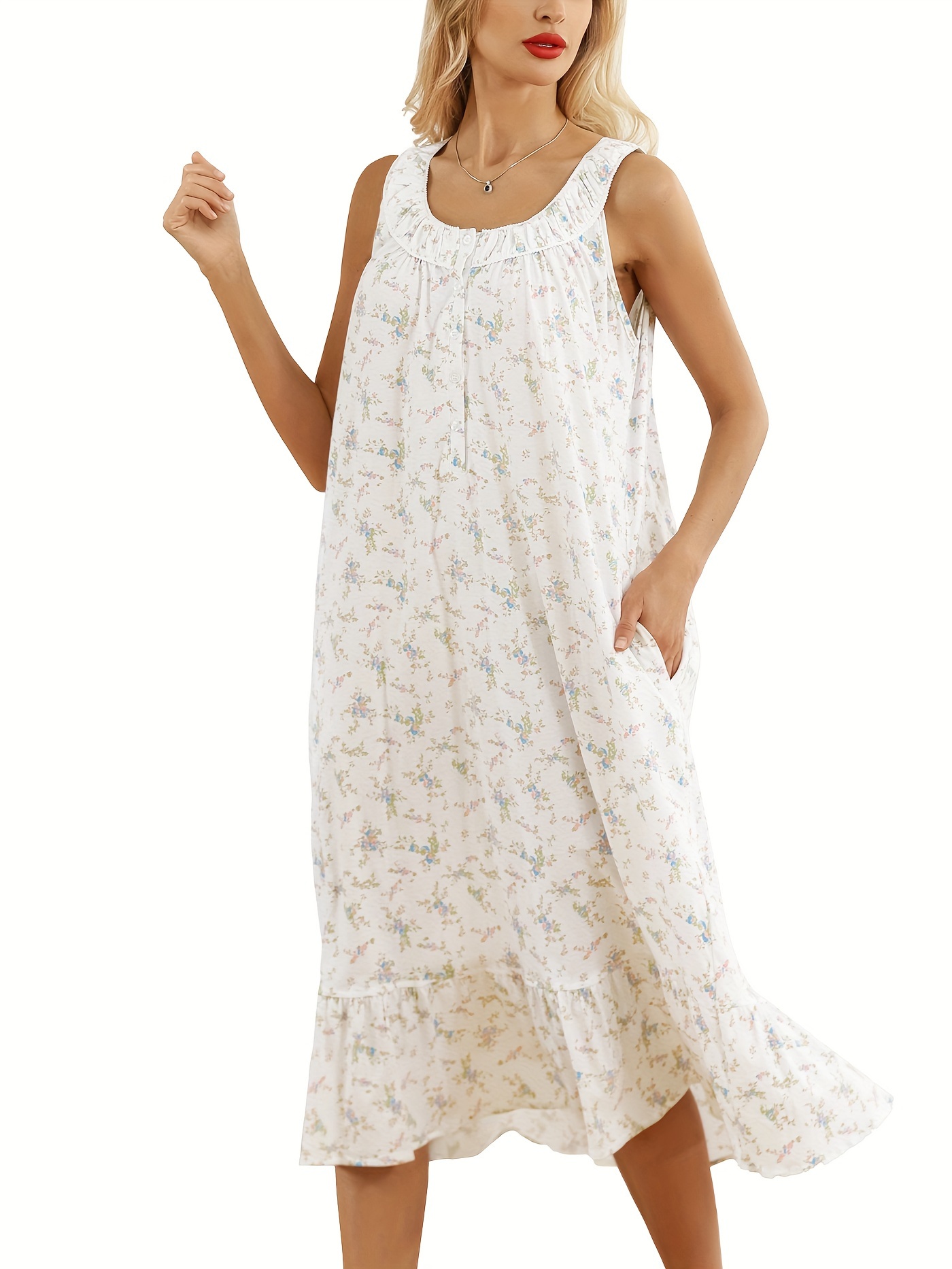 Cotton Nightgowns For Women Soft Sleeveless Nightgown Long Nightdress For Ladies Button Down Pajama Dress Sleepwear