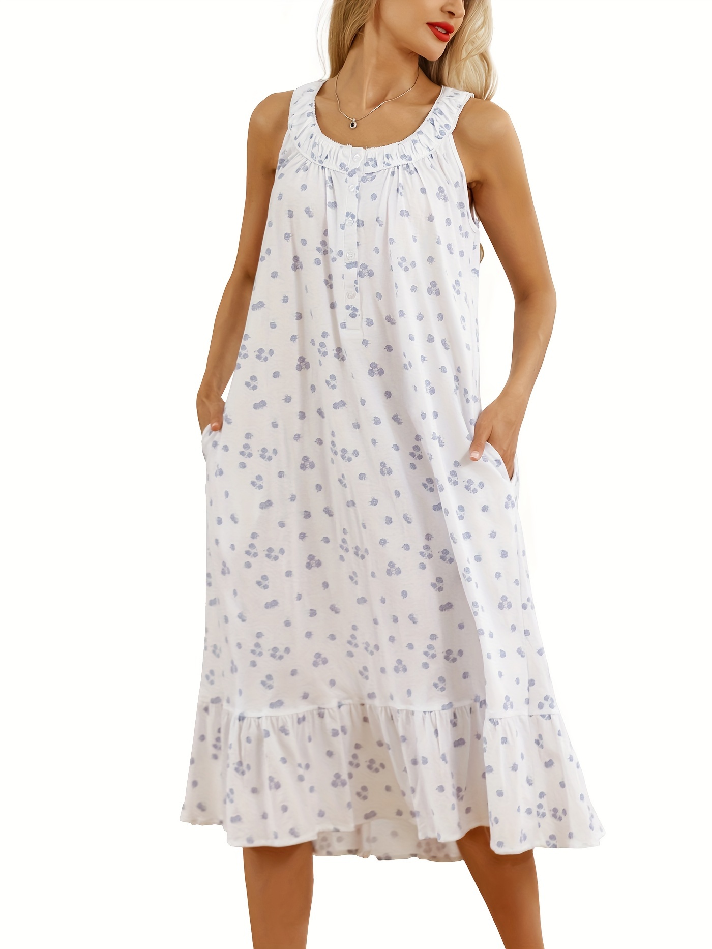 Cotton Nightgowns For Women Soft Sleeveless Nightgown Long Nightdress For Ladies Button Down Pajama Dress Sleepwear