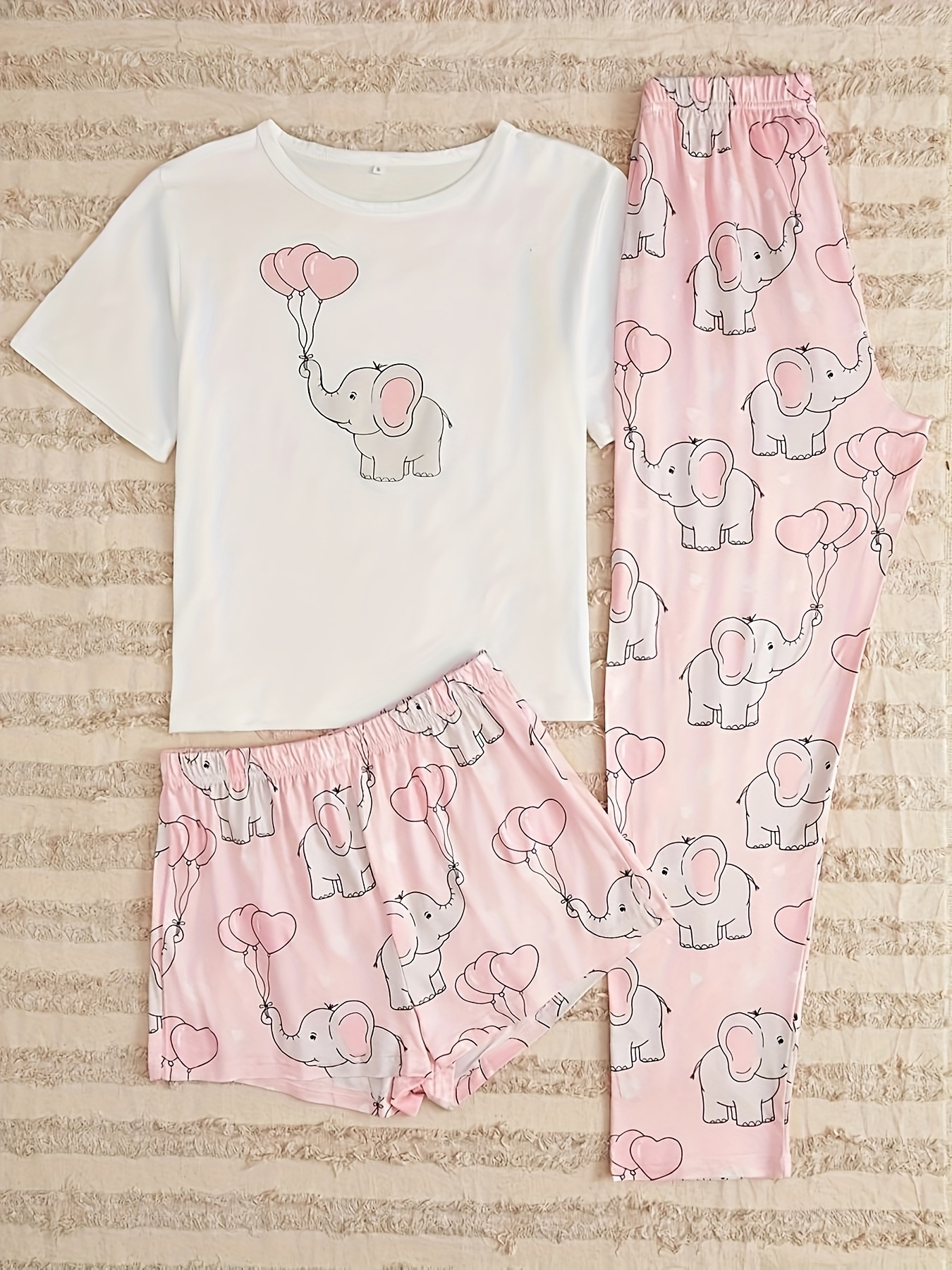 3_ Pieces _ Set of Women's Elephant Picture Print Short Sleeves _ T_ Shirts, Short Pants and Long Pants Loungewear