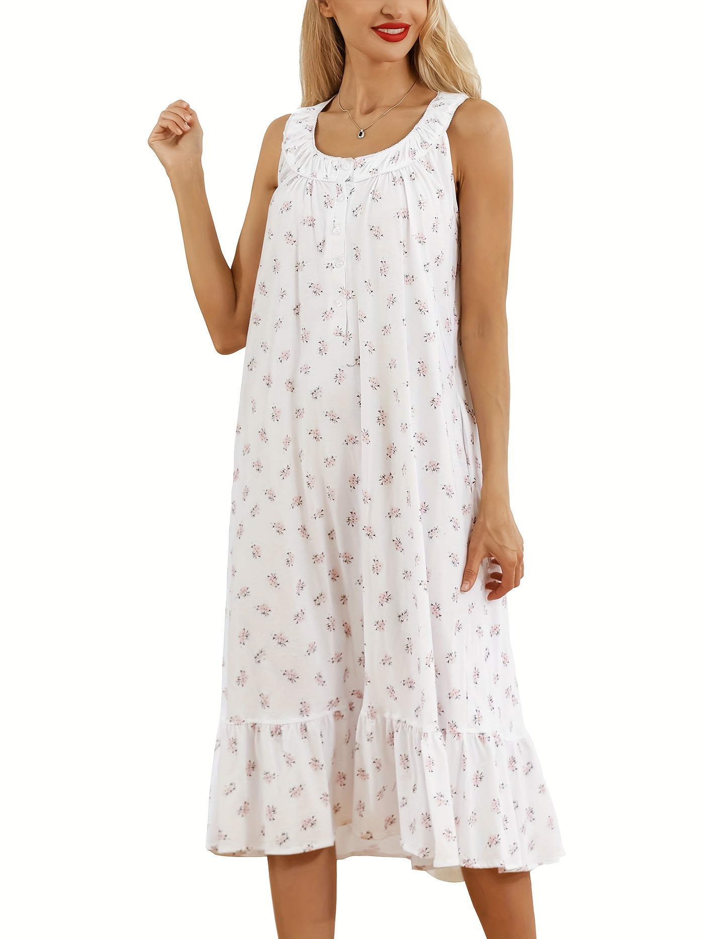 Cotton Nightgowns For Women Soft Sleeveless Nightgown Long Nightdress For Ladies Button Down Pajama Dress Sleepwear