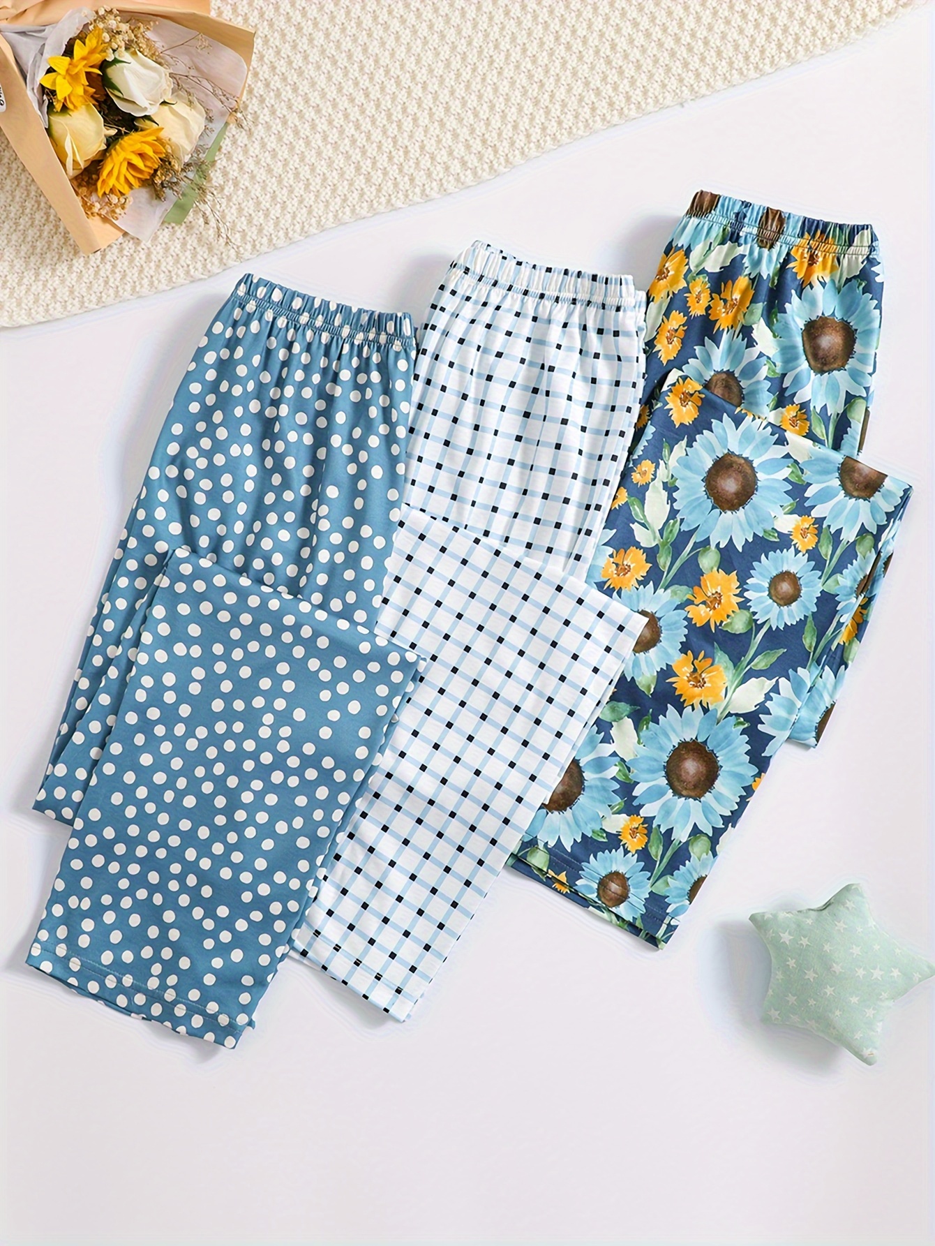 [3 Pieces Combination] Autumn Women's Loose Knitted Stretch Fabric Leisure 3 Pieces Different Printed Multi-Color Versatile Home Casual Trousers