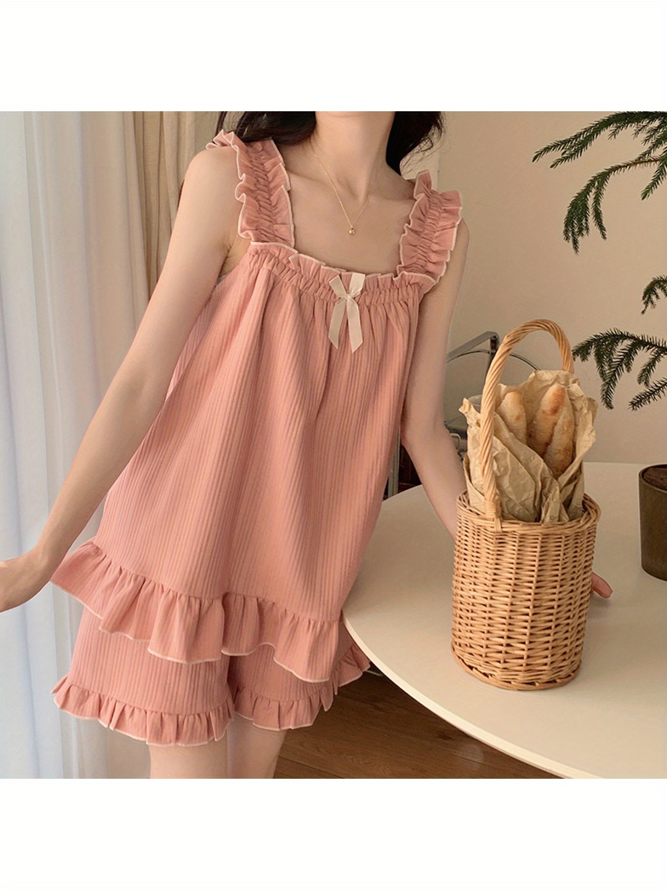 Padded Pajamas Women's Summer Knitted Cotton Sexy Sling Vest Two-Piece Summer Women's Princess Style Home Wear 2 PCS