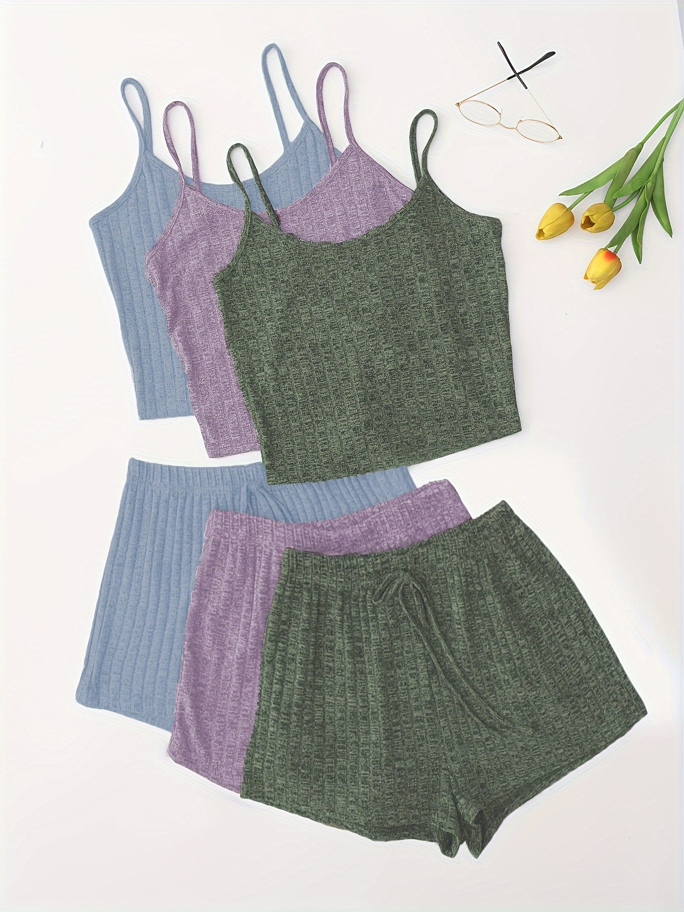 3 Sets Solid Pajama Set, Round Neck Cami Top & Lace-up Shorts, Women's Sleepwear & Loungewear